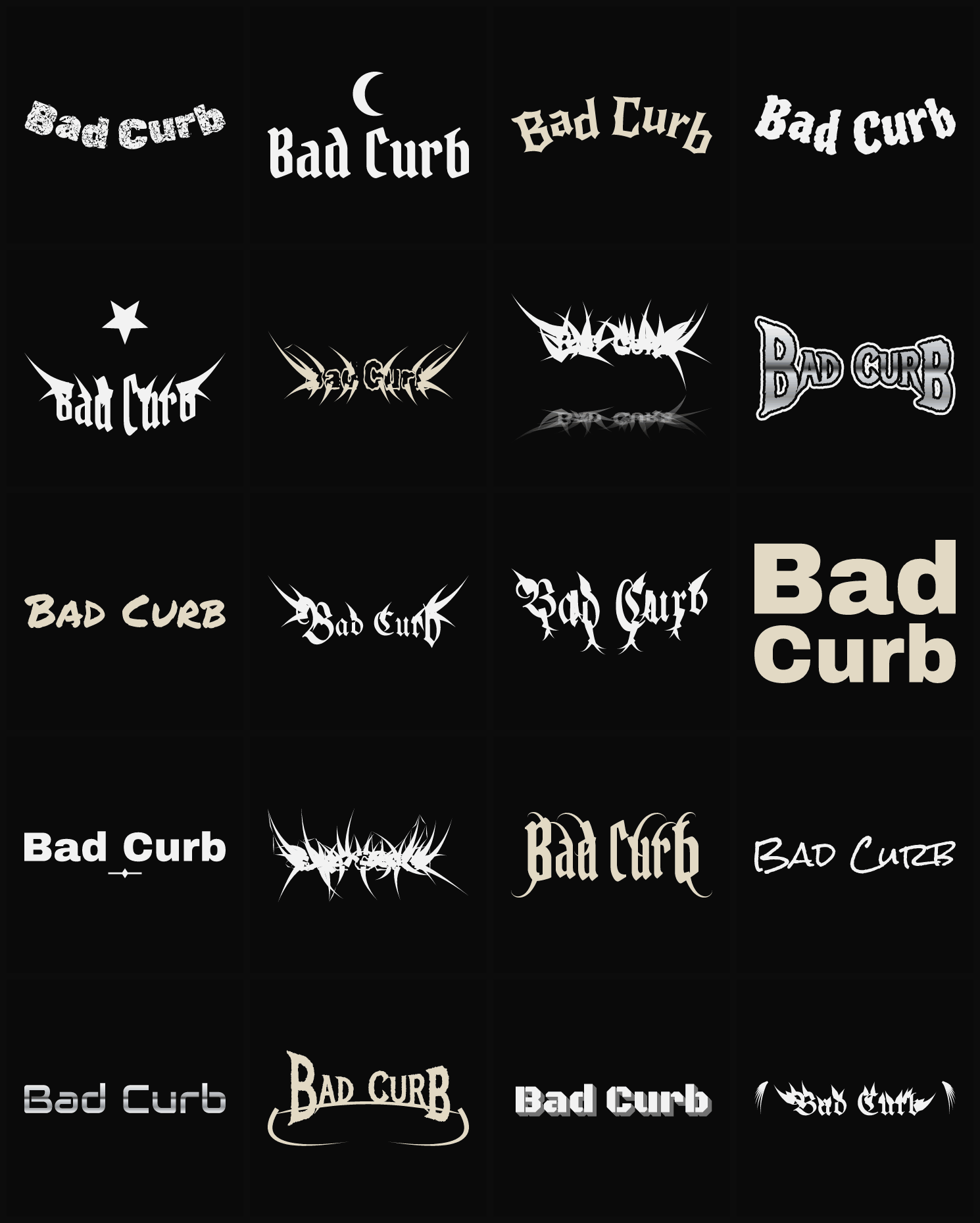 Twenty Bad Curb band logo ideas — different faces, treatments and spike settings