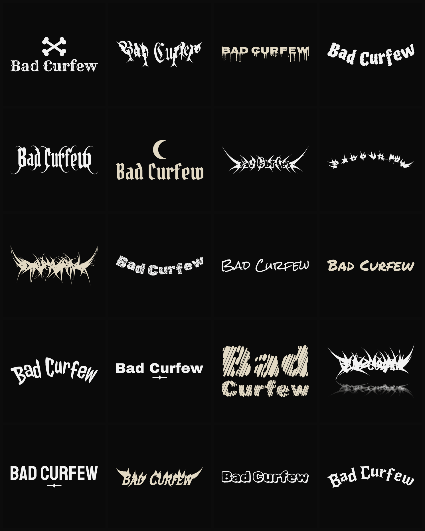 Twenty Bad Curfew band logo ideas — different faces, treatments and spike settings
