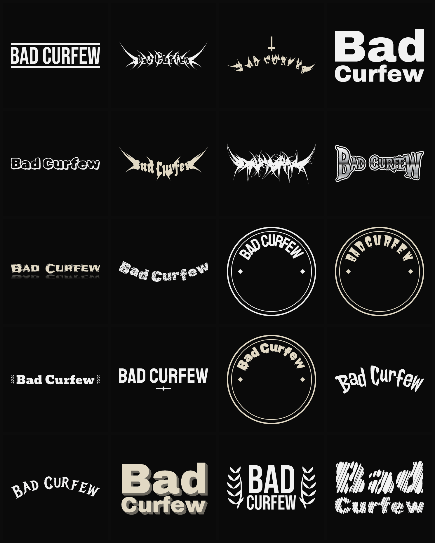 Twenty Bad Curfew band logo ideas — different faces, treatments and spike settings