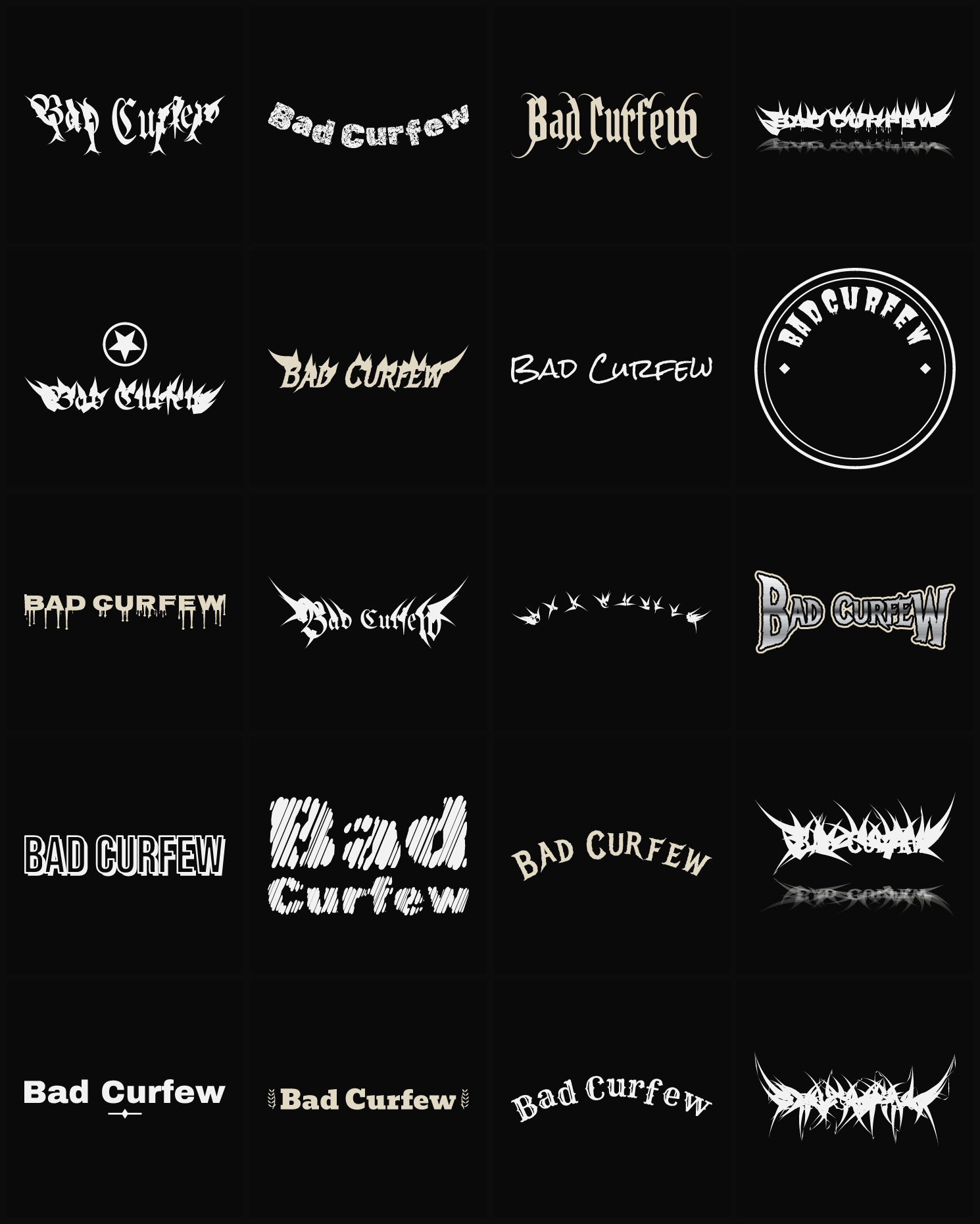 Twenty Bad Curfew band logo ideas — different faces, treatments and spike settings