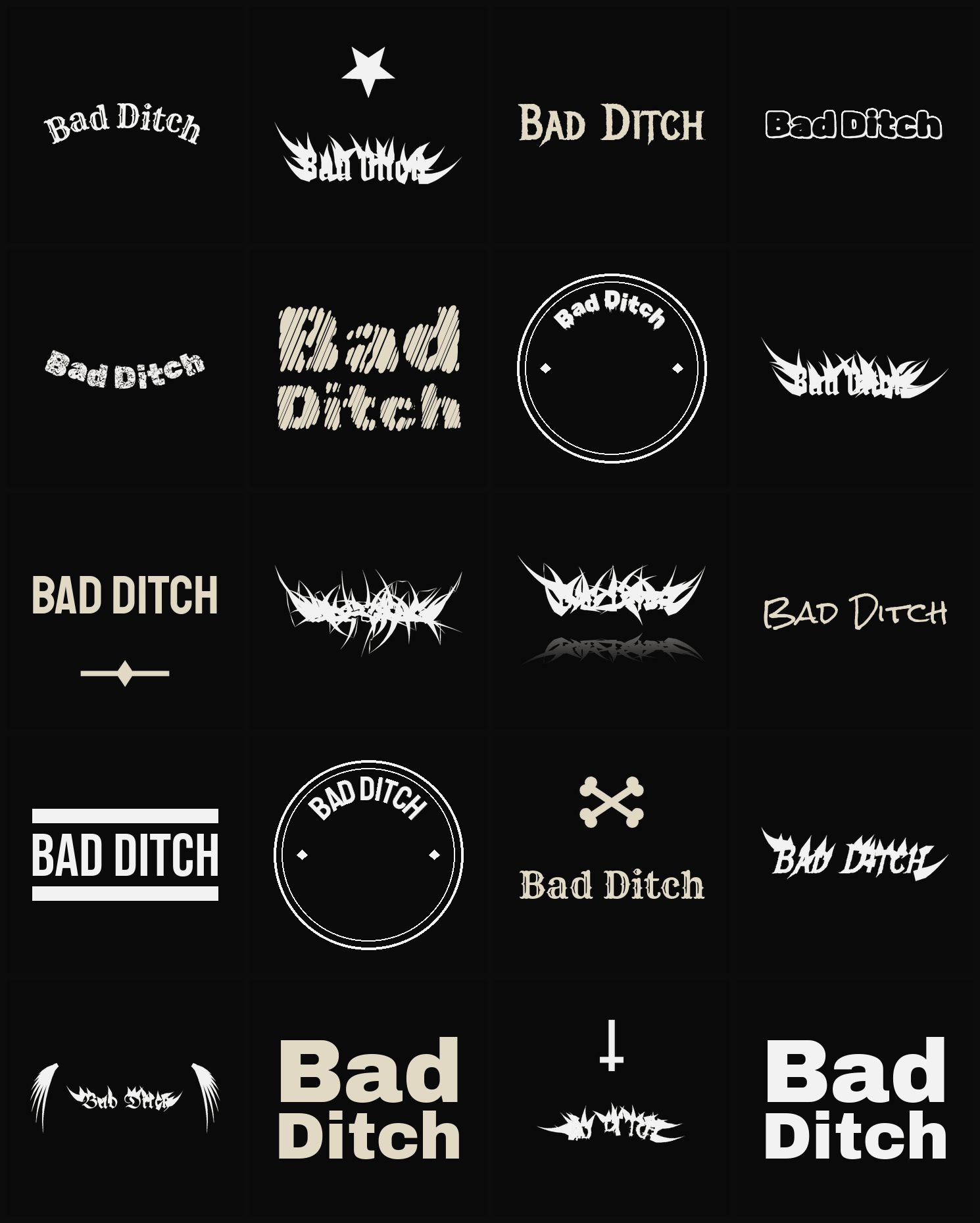 Twenty Bad Ditch band logo ideas — different faces, treatments and spike settings