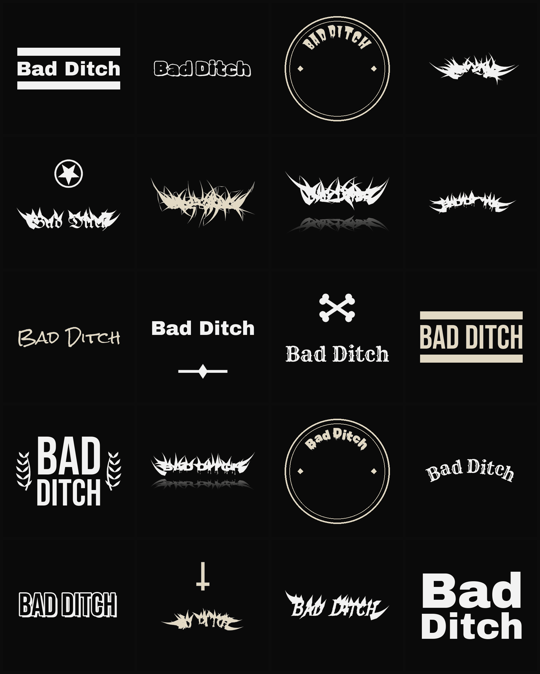 Twenty Bad Ditch band logo ideas — different faces, treatments and spike settings