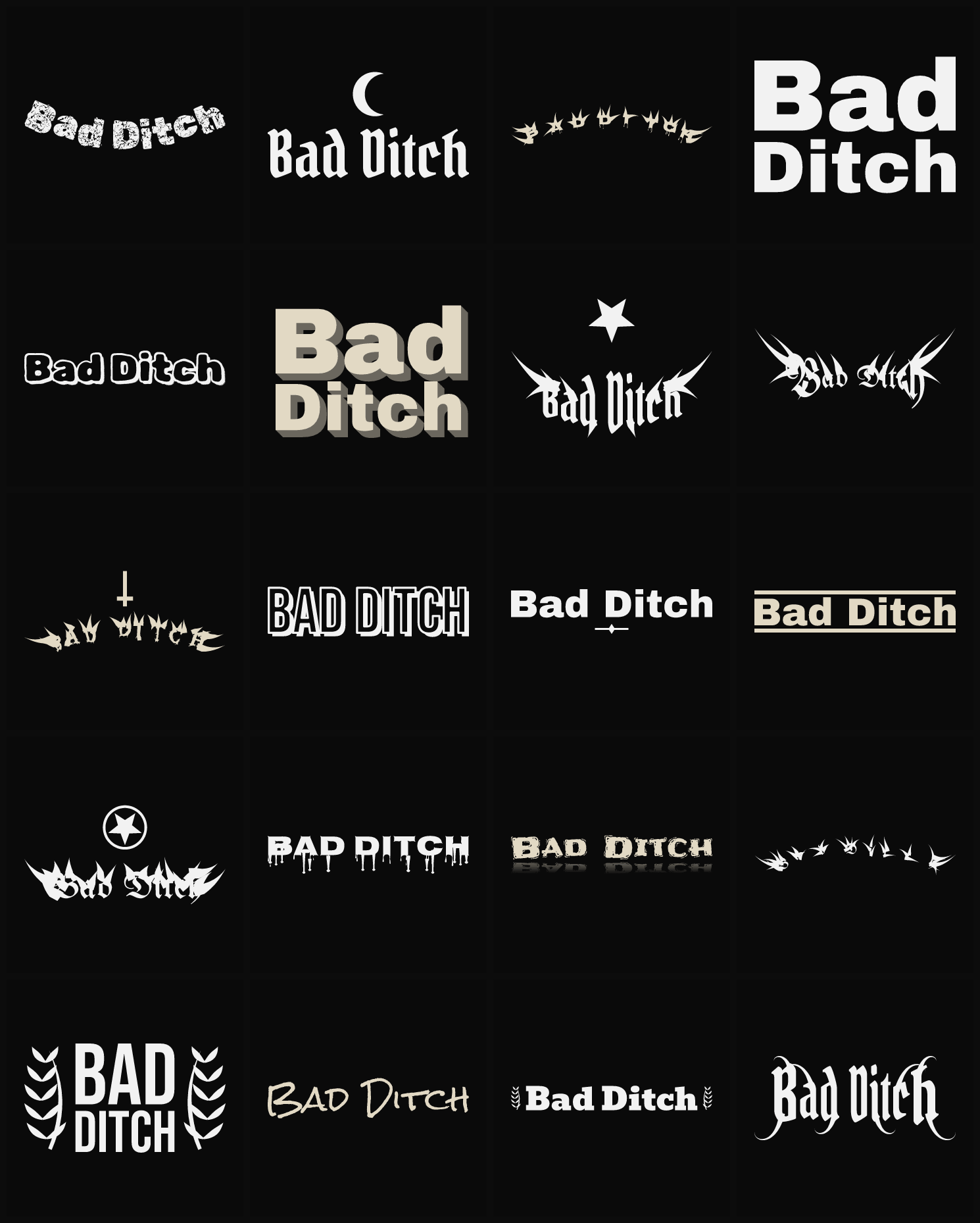 Twenty Bad Ditch band logo ideas — different faces, treatments and spike settings