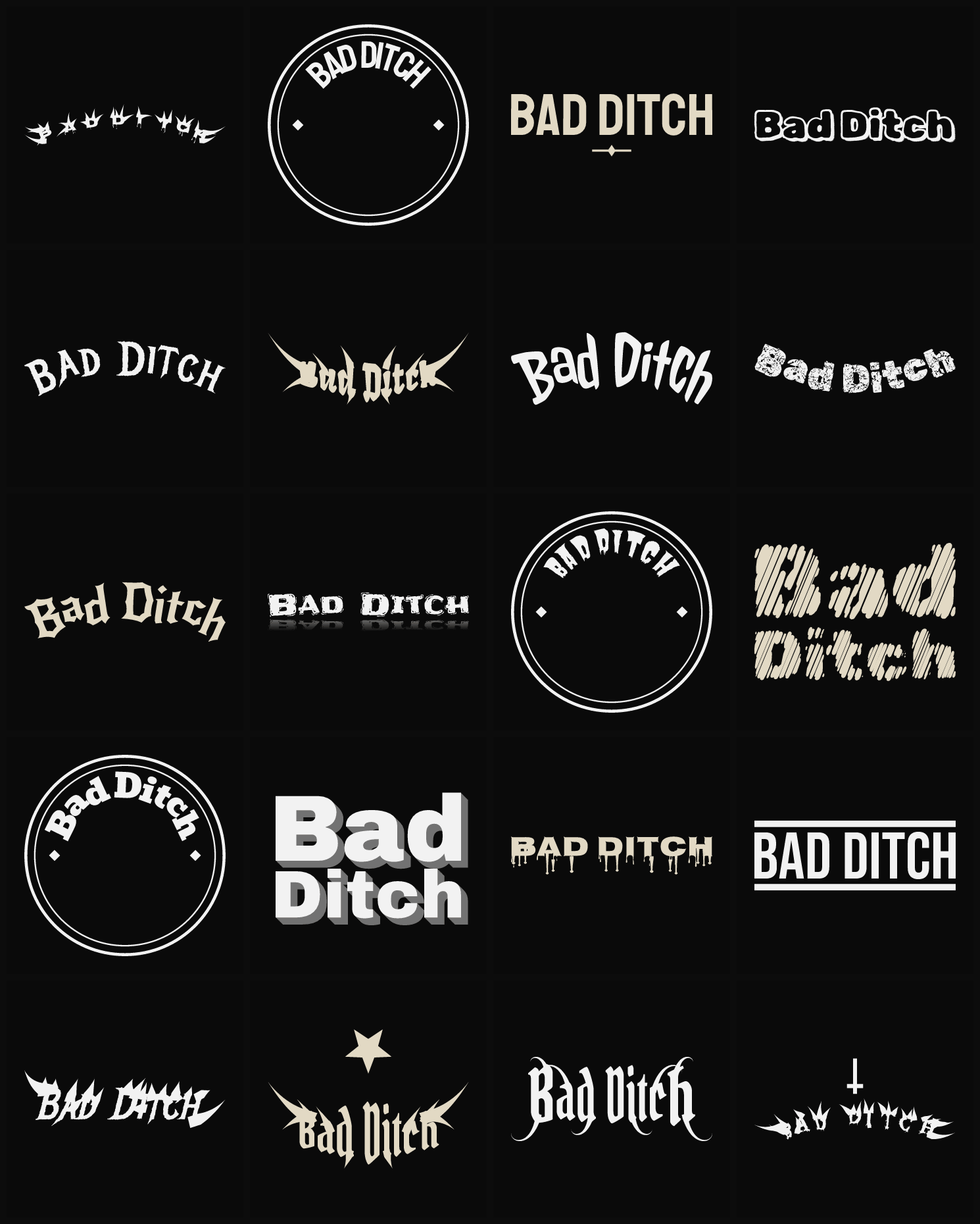 Twenty Bad Ditch band logo ideas — different faces, treatments and spike settings