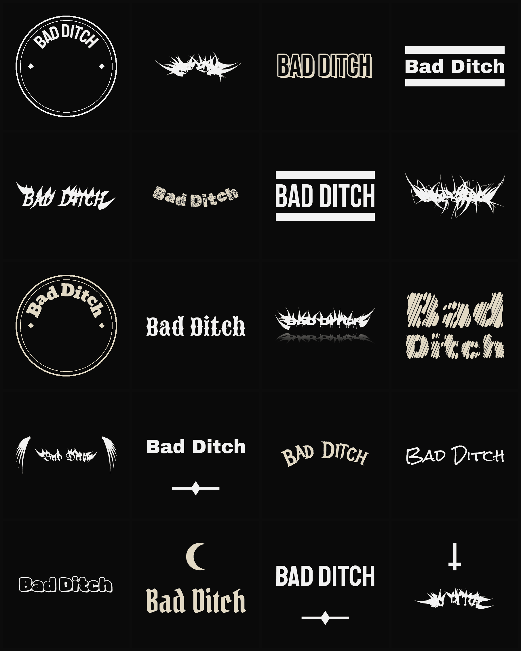 Twenty Bad Ditch band logo ideas — different faces, treatments and spike settings