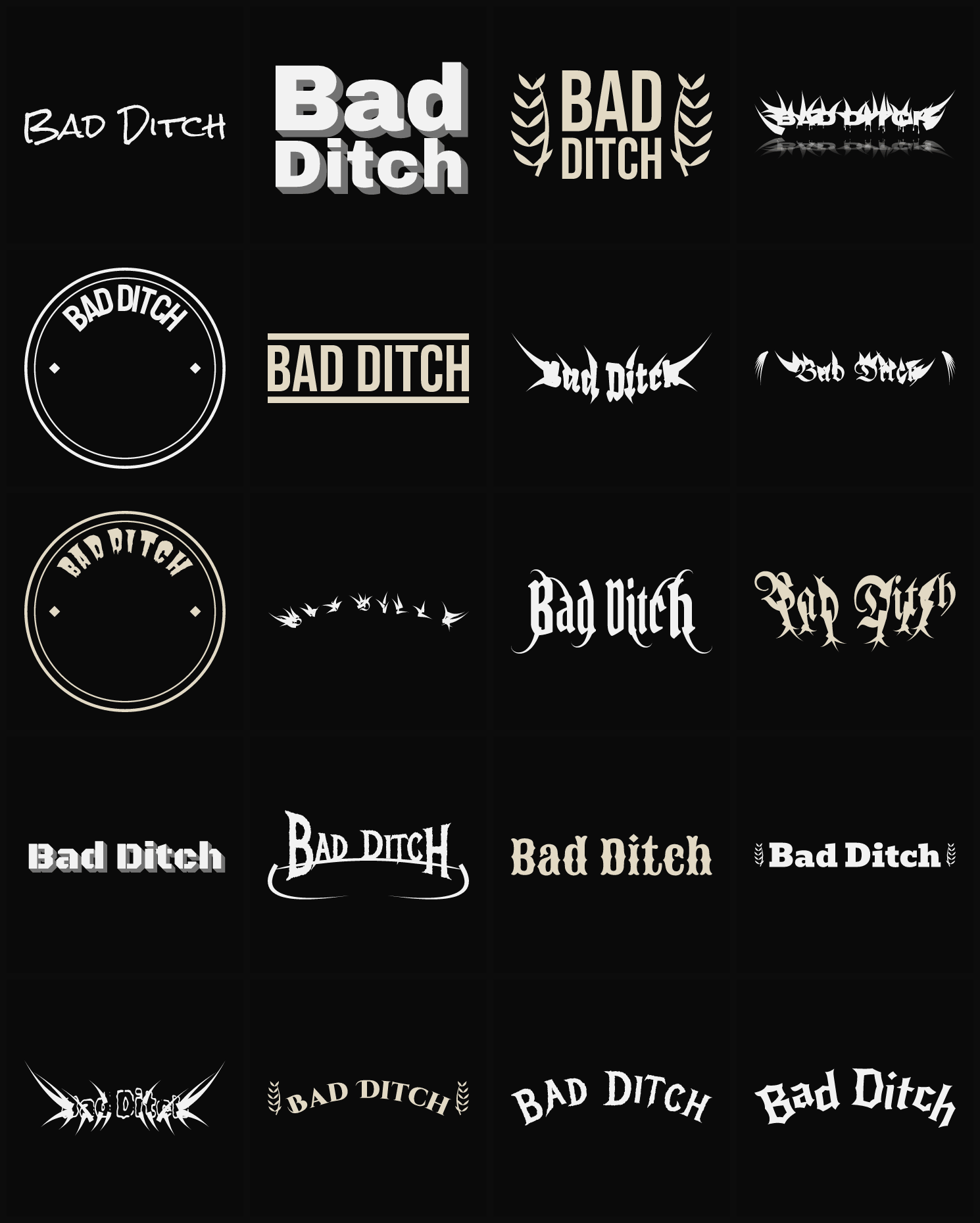 Twenty Bad Ditch band logo ideas — different faces, treatments and spike settings