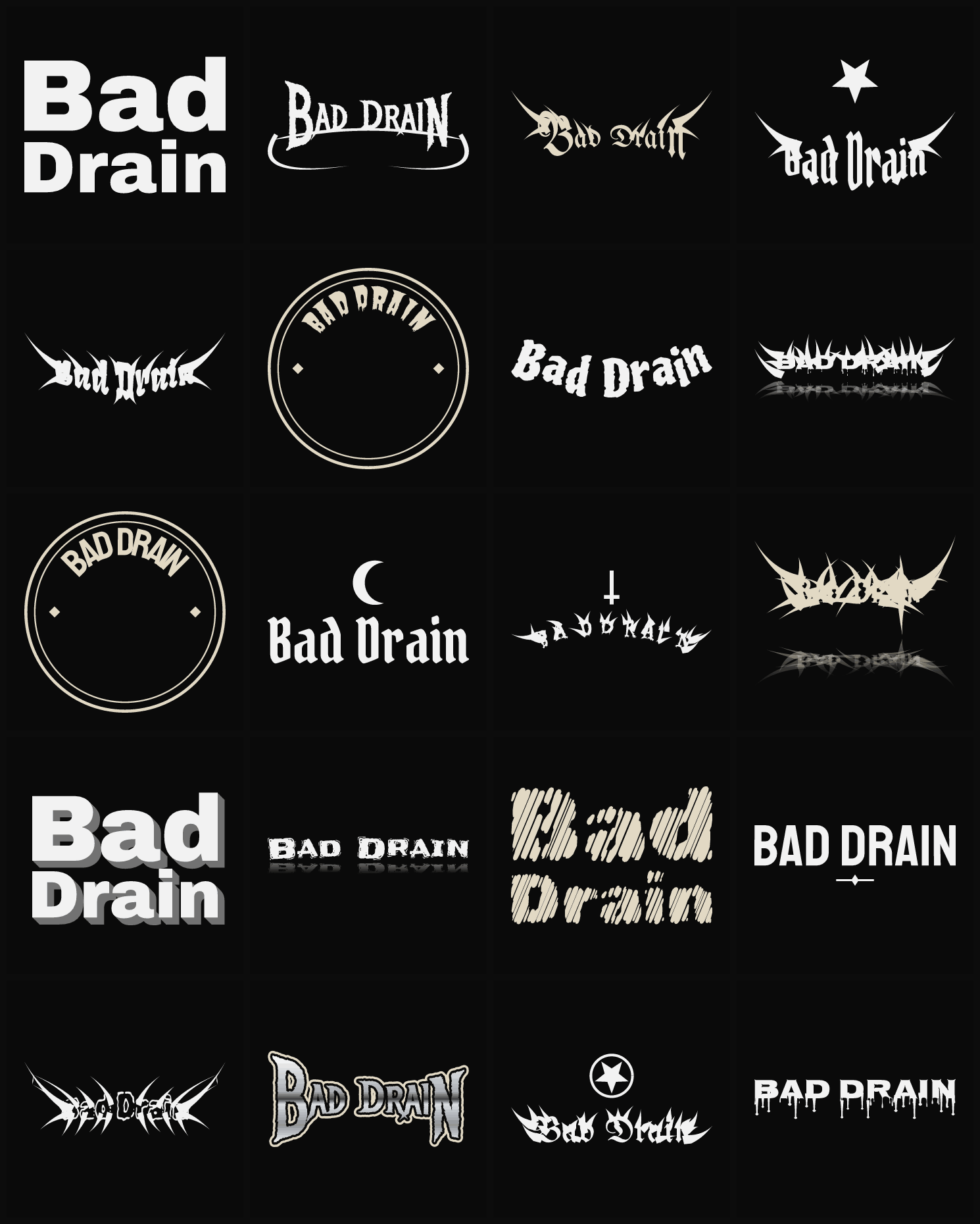 Twenty Bad Drain band logo ideas — different faces, treatments and spike settings