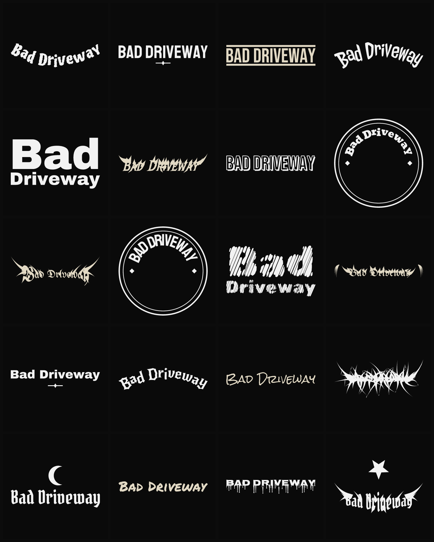 Twenty Bad Driveway band logo ideas — different faces, treatments and spike settings