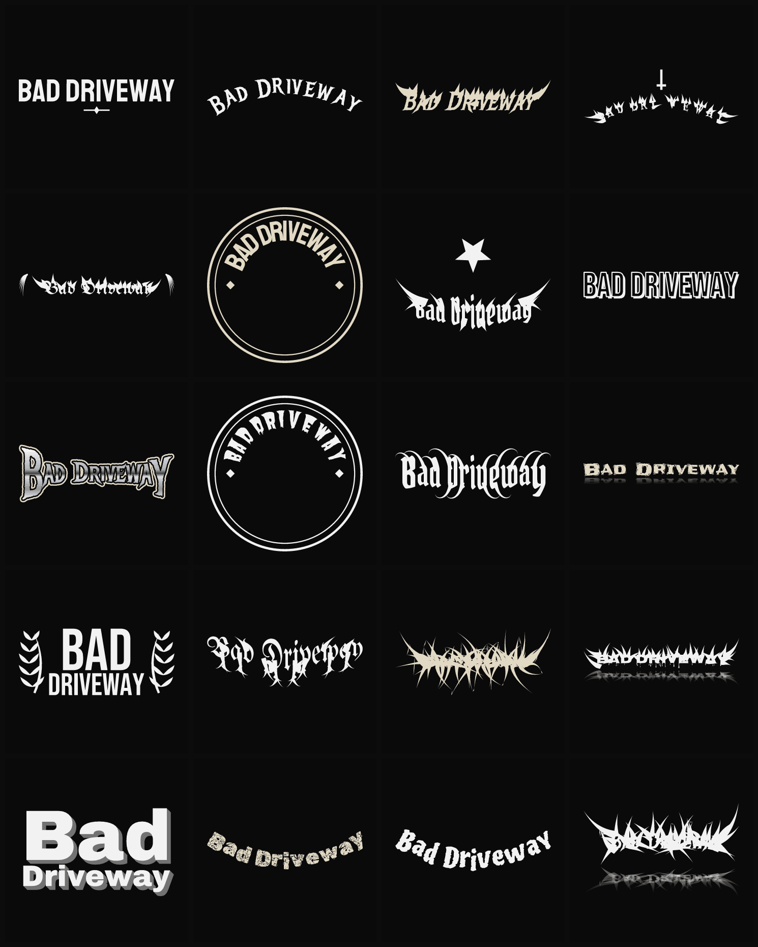 Twenty Bad Driveway band logo ideas — different faces, treatments and spike settings