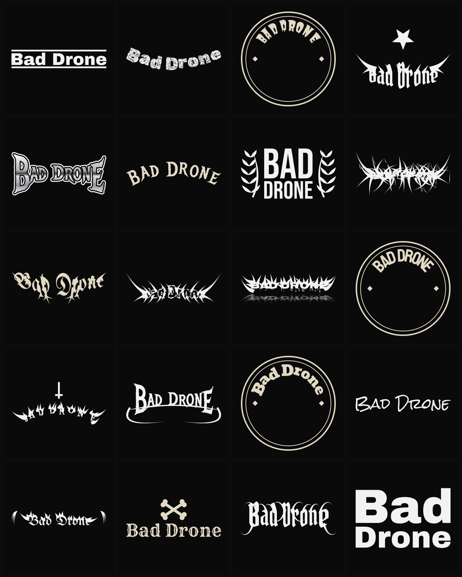 Twenty Bad Drone band logo ideas — different faces, treatments and spike settings