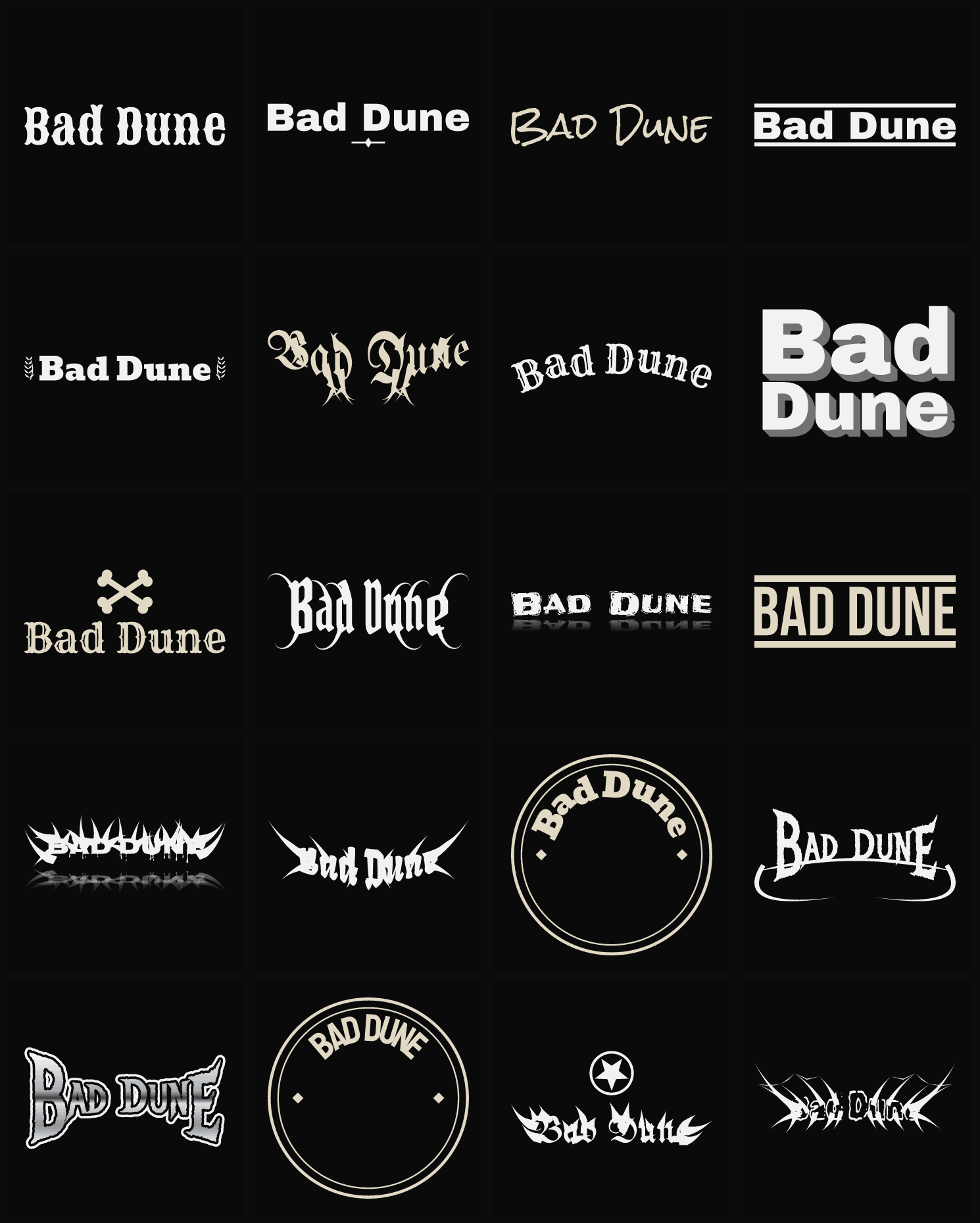 Twenty Bad Dune band logo ideas — different faces, treatments and spike settings