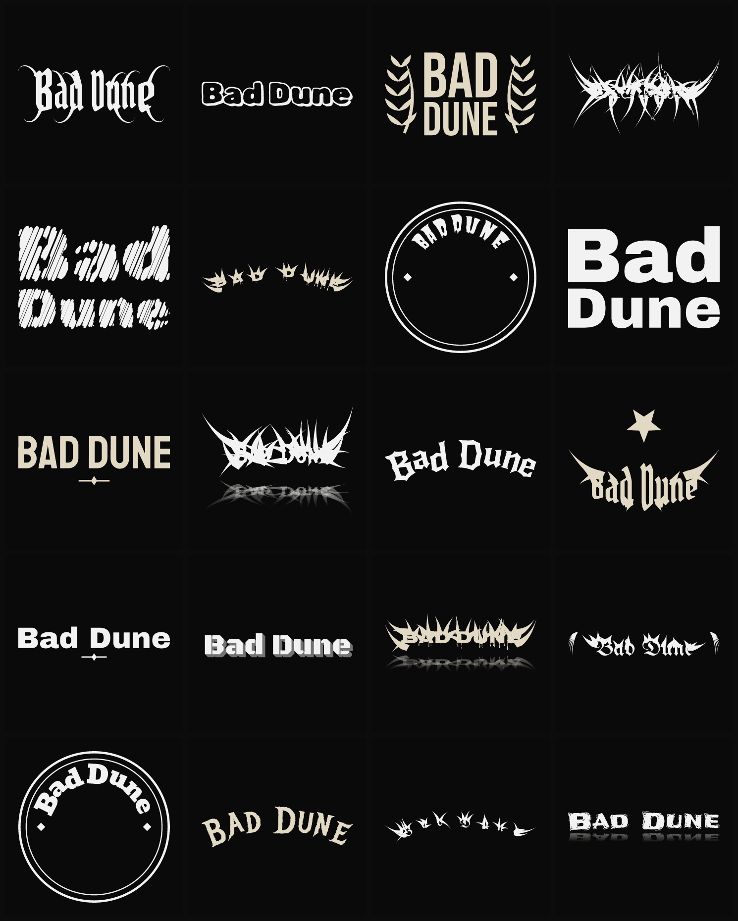 Twenty Bad Dune band logo ideas — different faces, treatments and spike settings