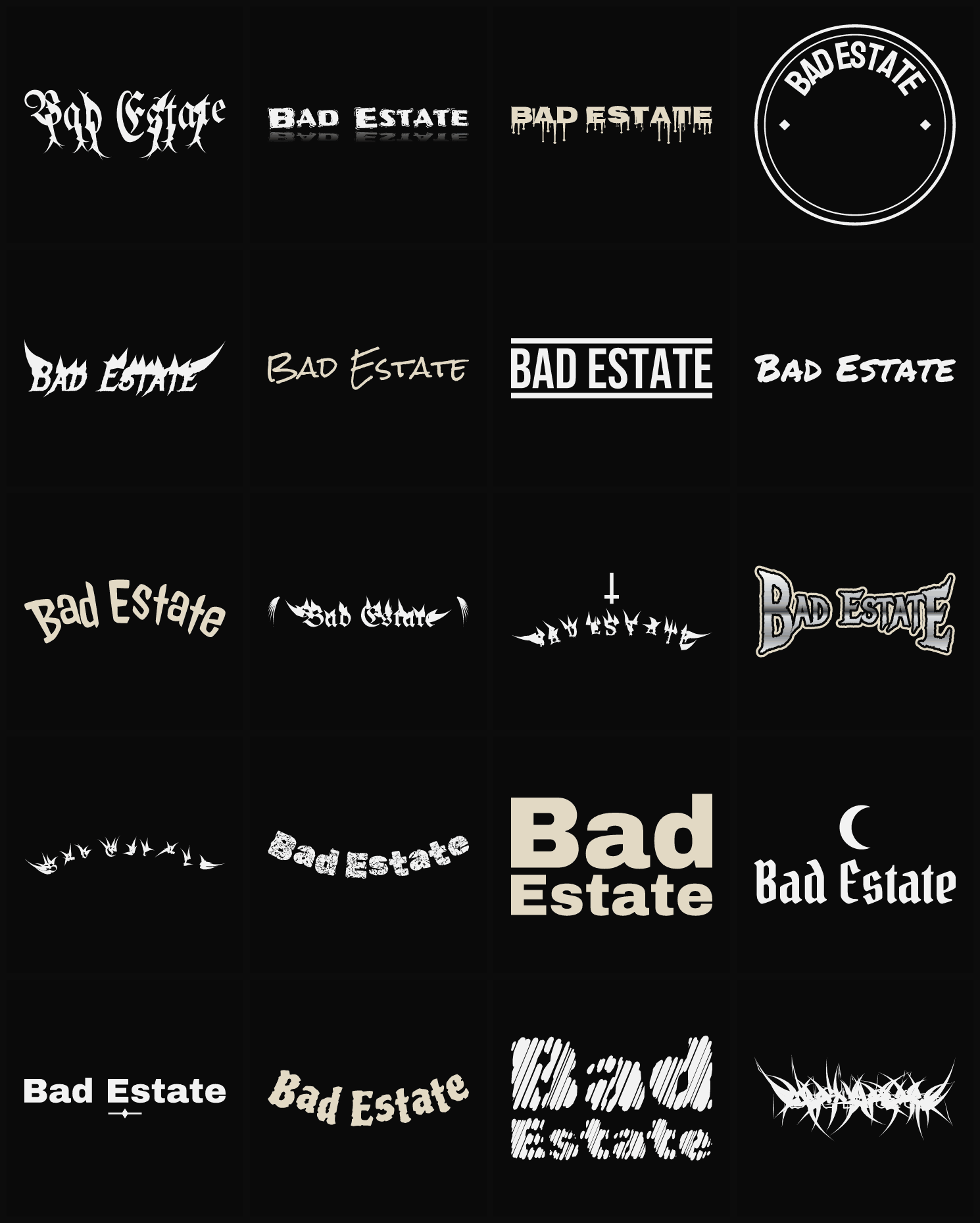 Twenty Bad Estate band logo ideas — different faces, treatments and spike settings