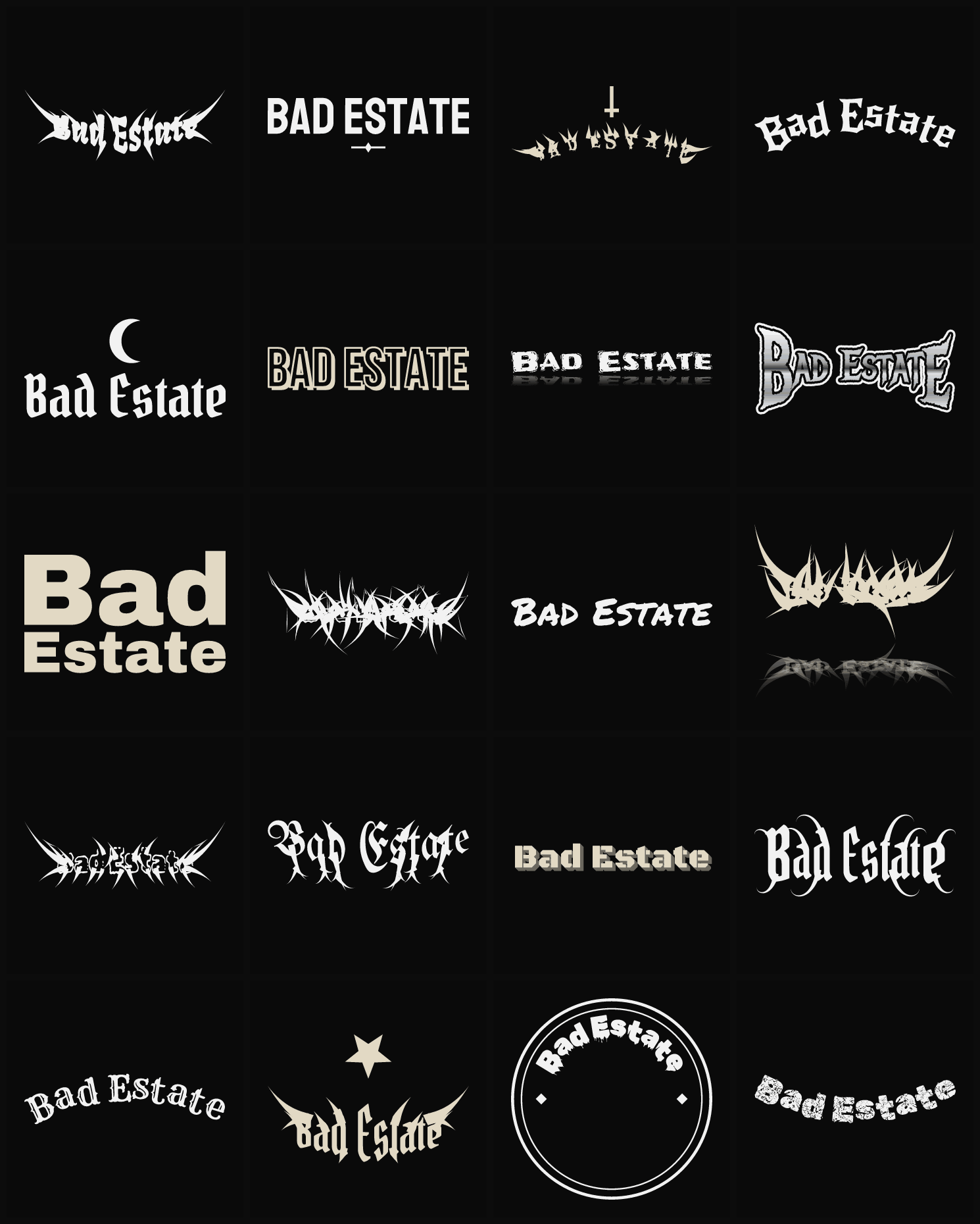 Twenty Bad Estate band logo ideas — different faces, treatments and spike settings