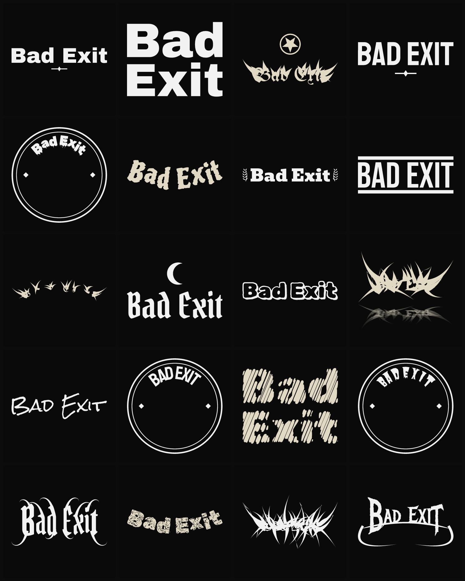 Twenty Bad Exit band logo ideas — different faces, treatments and spike settings