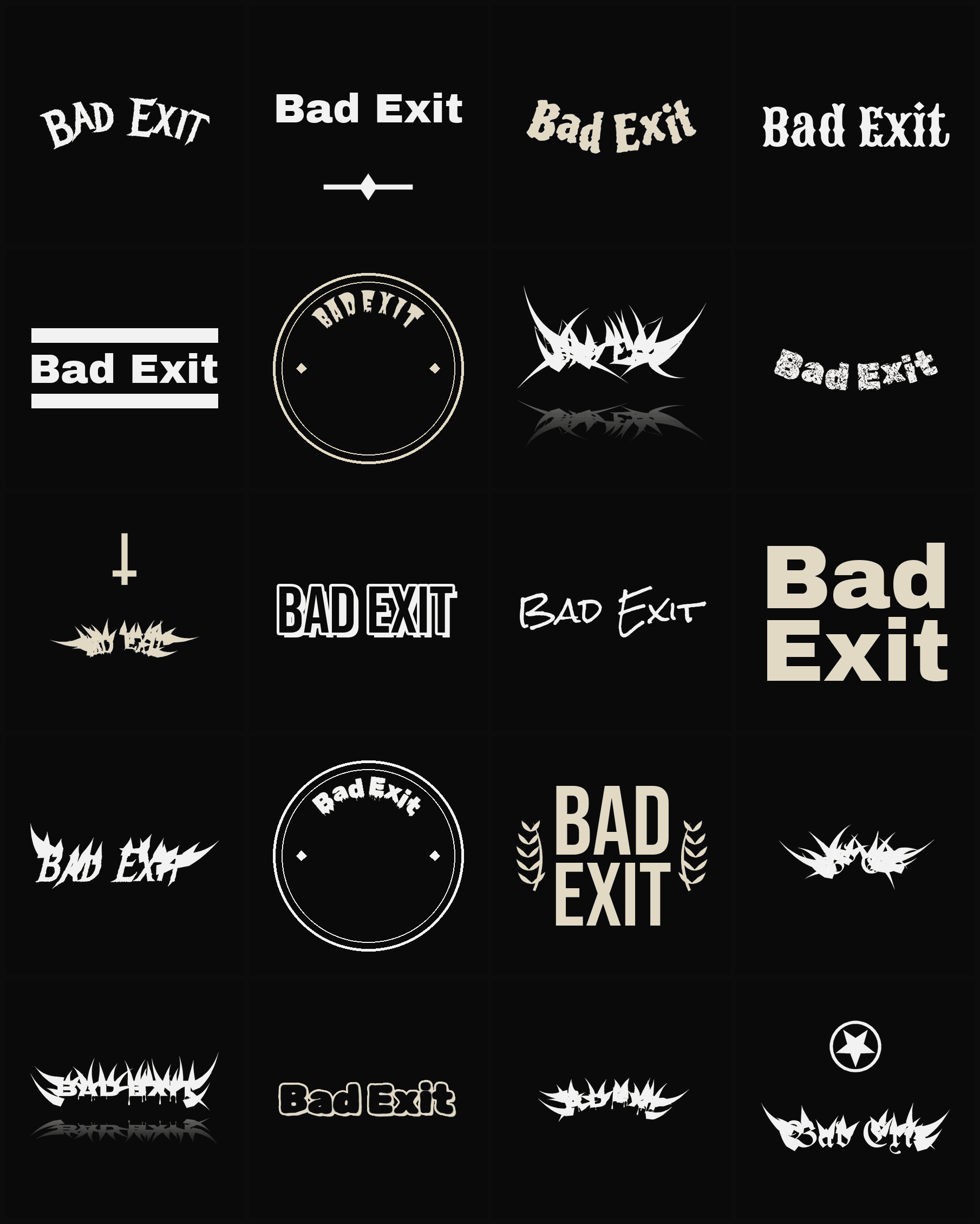 Twenty Bad Exit band logo ideas — different faces, treatments and spike settings