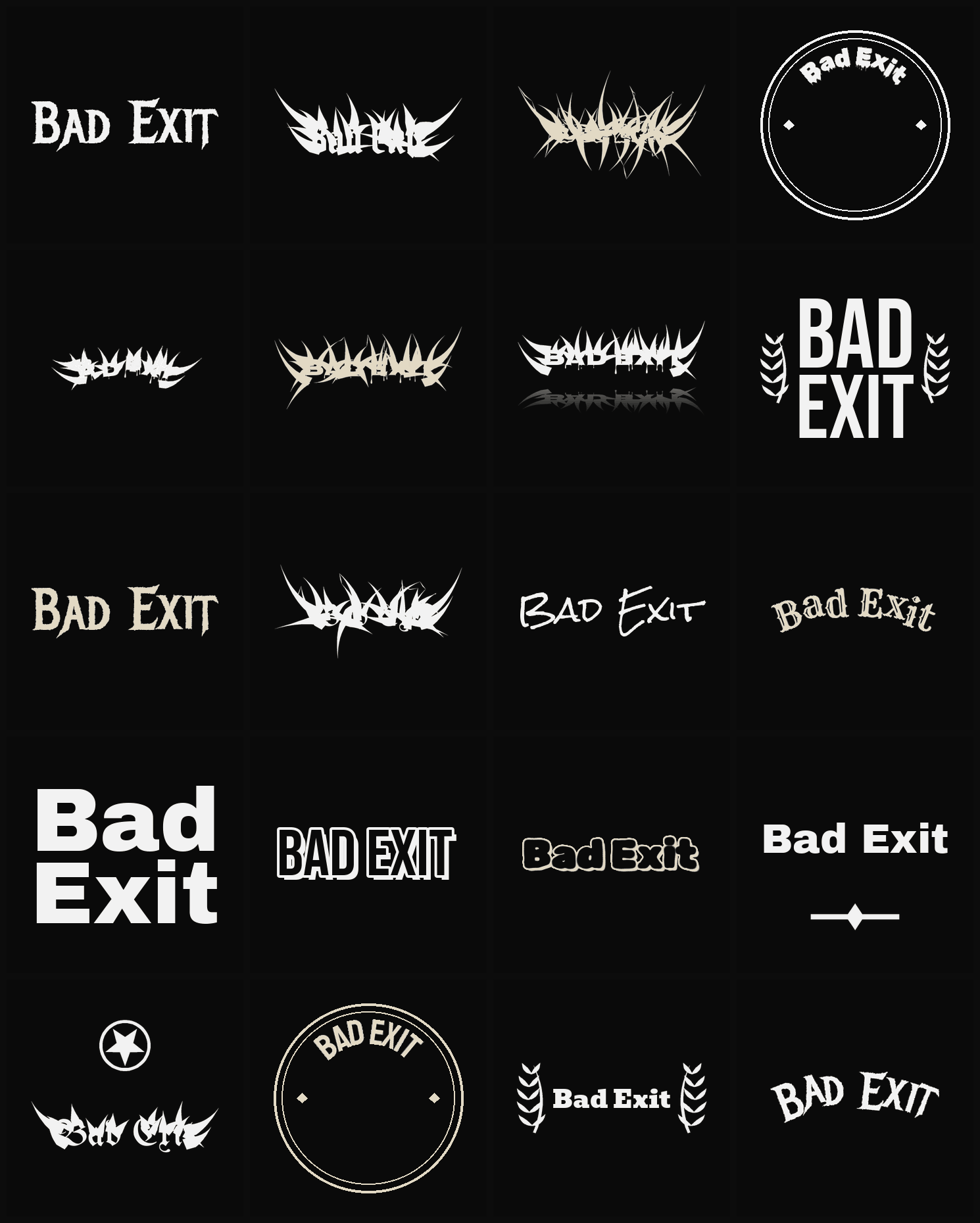 Twenty Bad Exit band logo ideas — different faces, treatments and spike settings