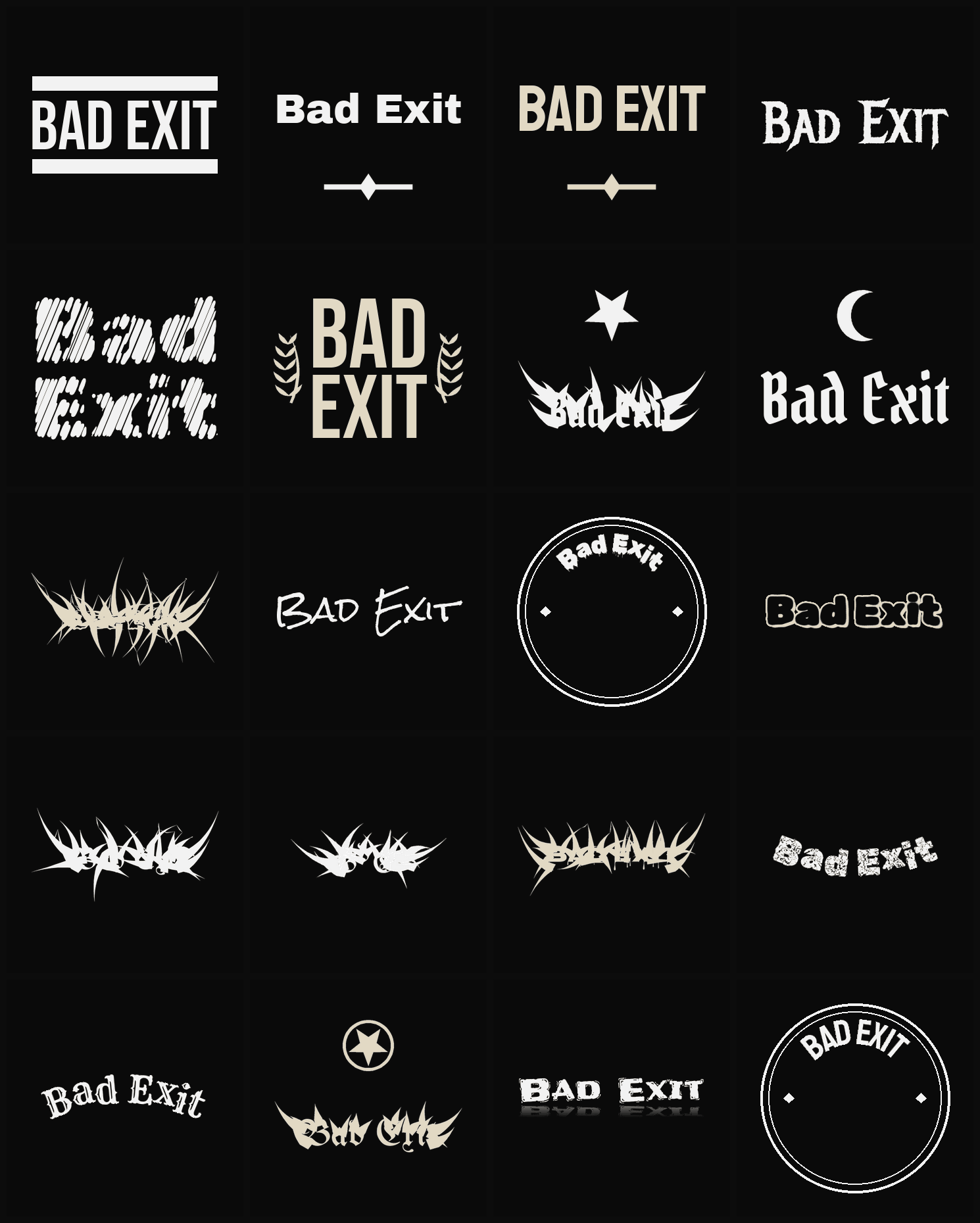 Twenty Bad Exit band logo ideas — different faces, treatments and spike settings