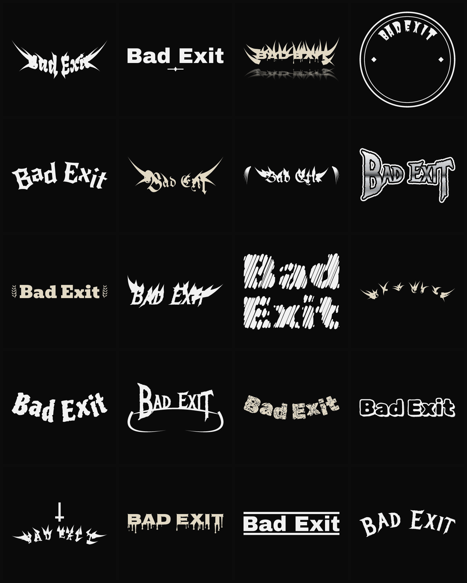 Twenty Bad Exit band logo ideas — different faces, treatments and spike settings