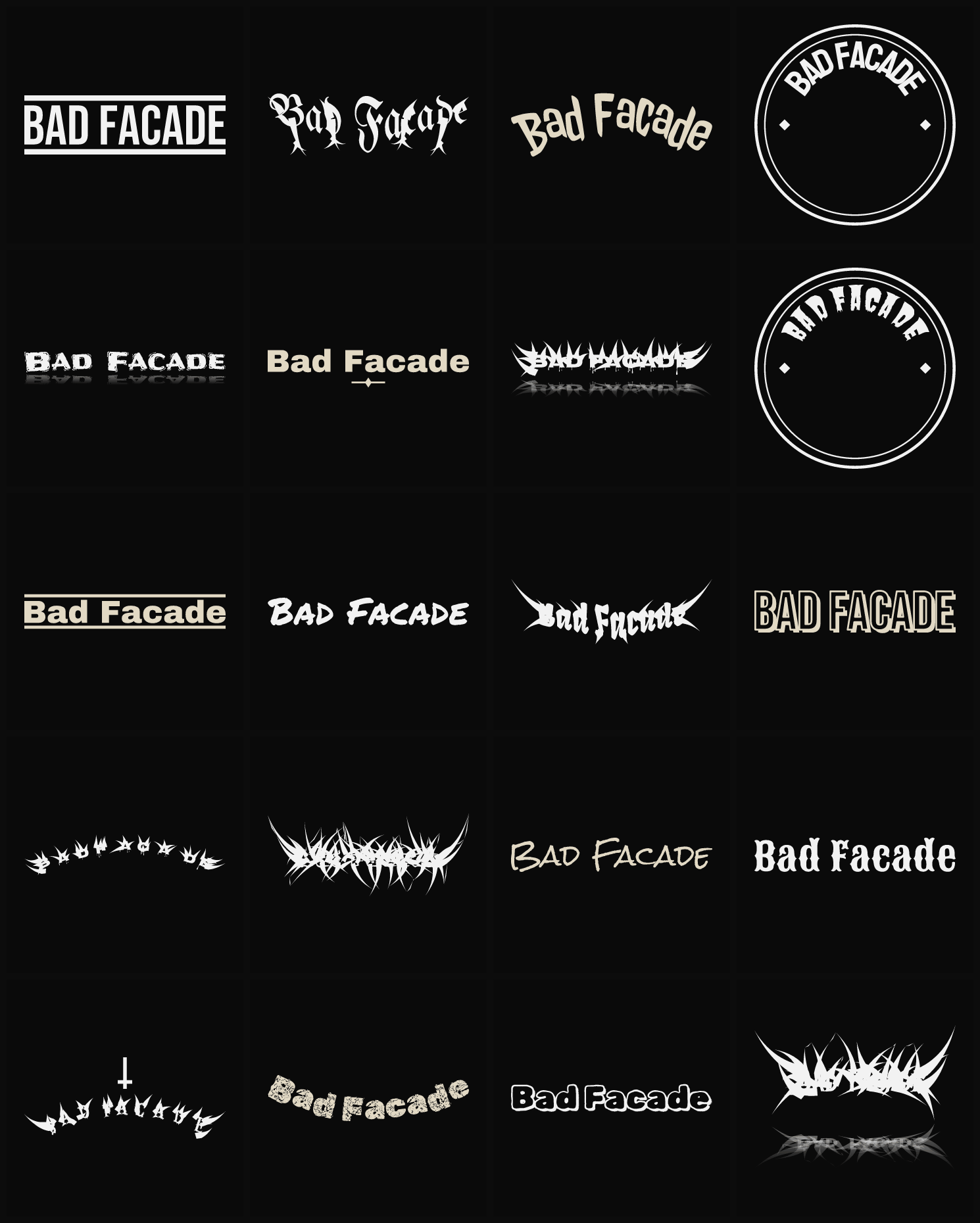 Twenty Bad Facade band logo ideas — different faces, treatments and spike settings
