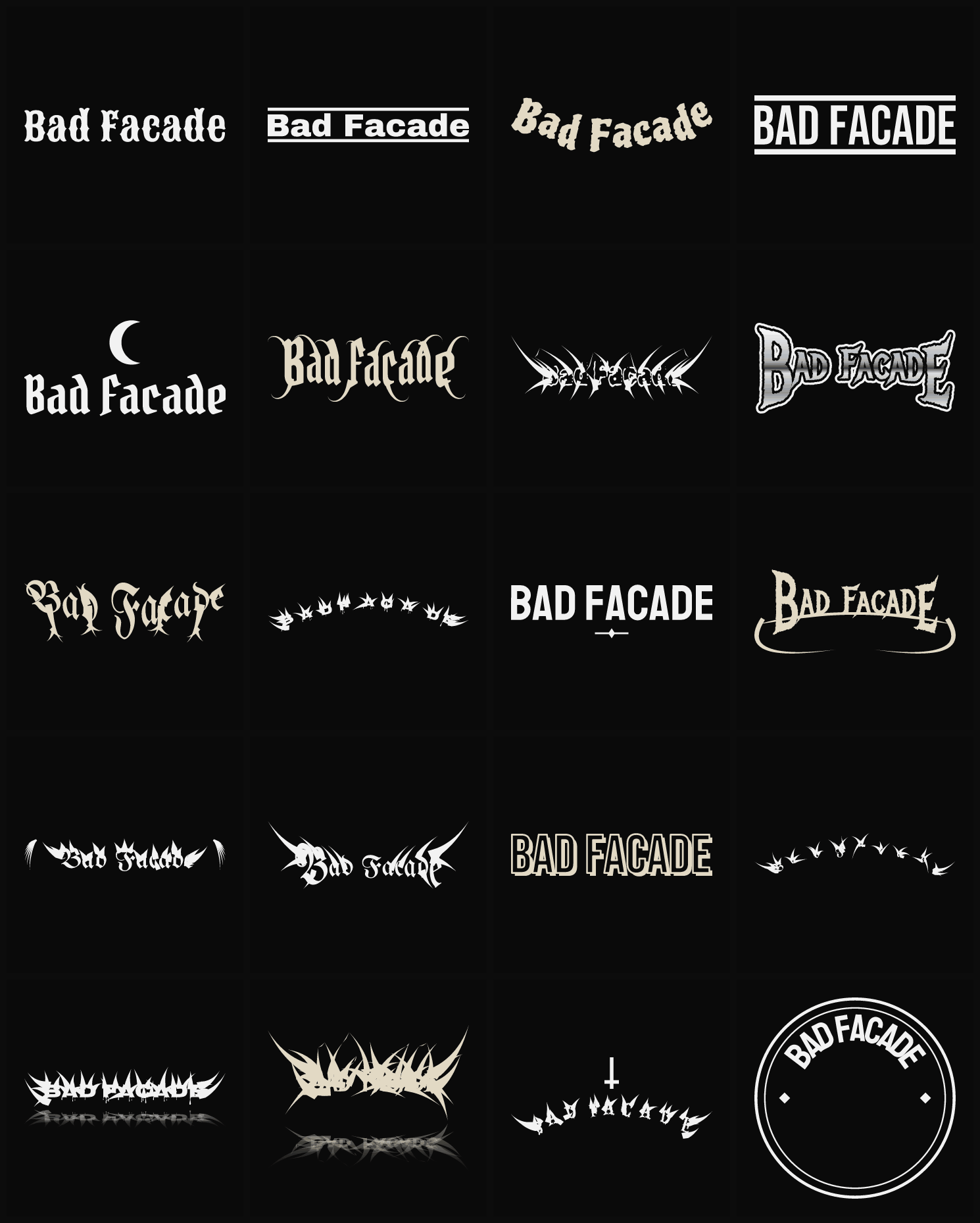 Twenty Bad Facade band logo ideas — different faces, treatments and spike settings