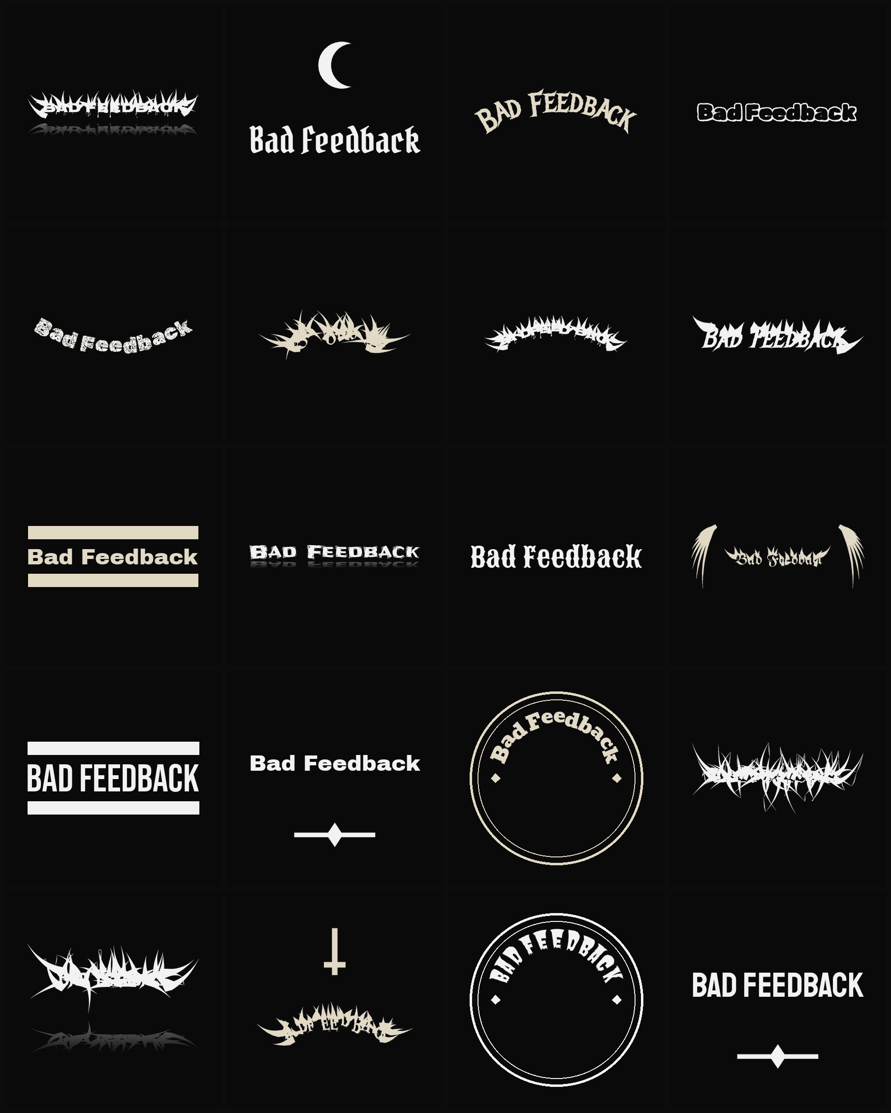 Twenty Bad Feedback band logo ideas — different faces, treatments and spike settings