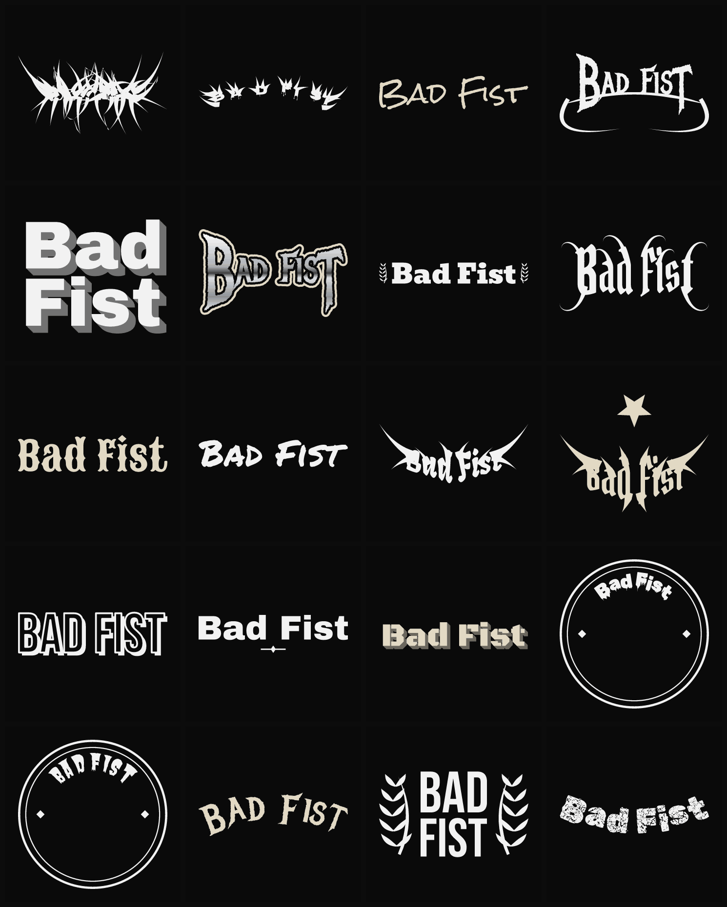 Twenty Bad Fist band logo ideas — different faces, treatments and spike settings