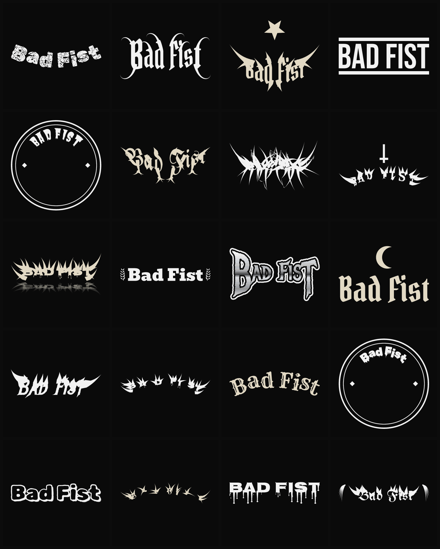 Twenty Bad Fist band logo ideas — different faces, treatments and spike settings