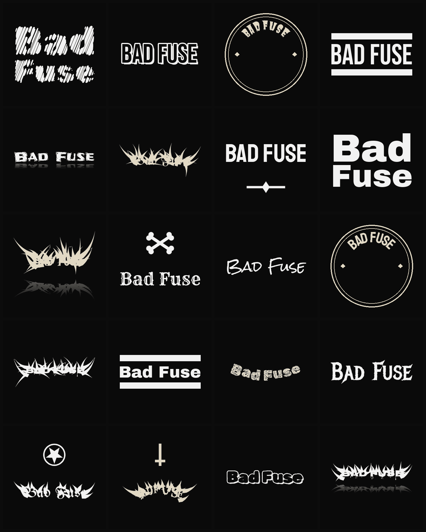 Twenty Bad Fuse band logo ideas — different faces, treatments and spike settings