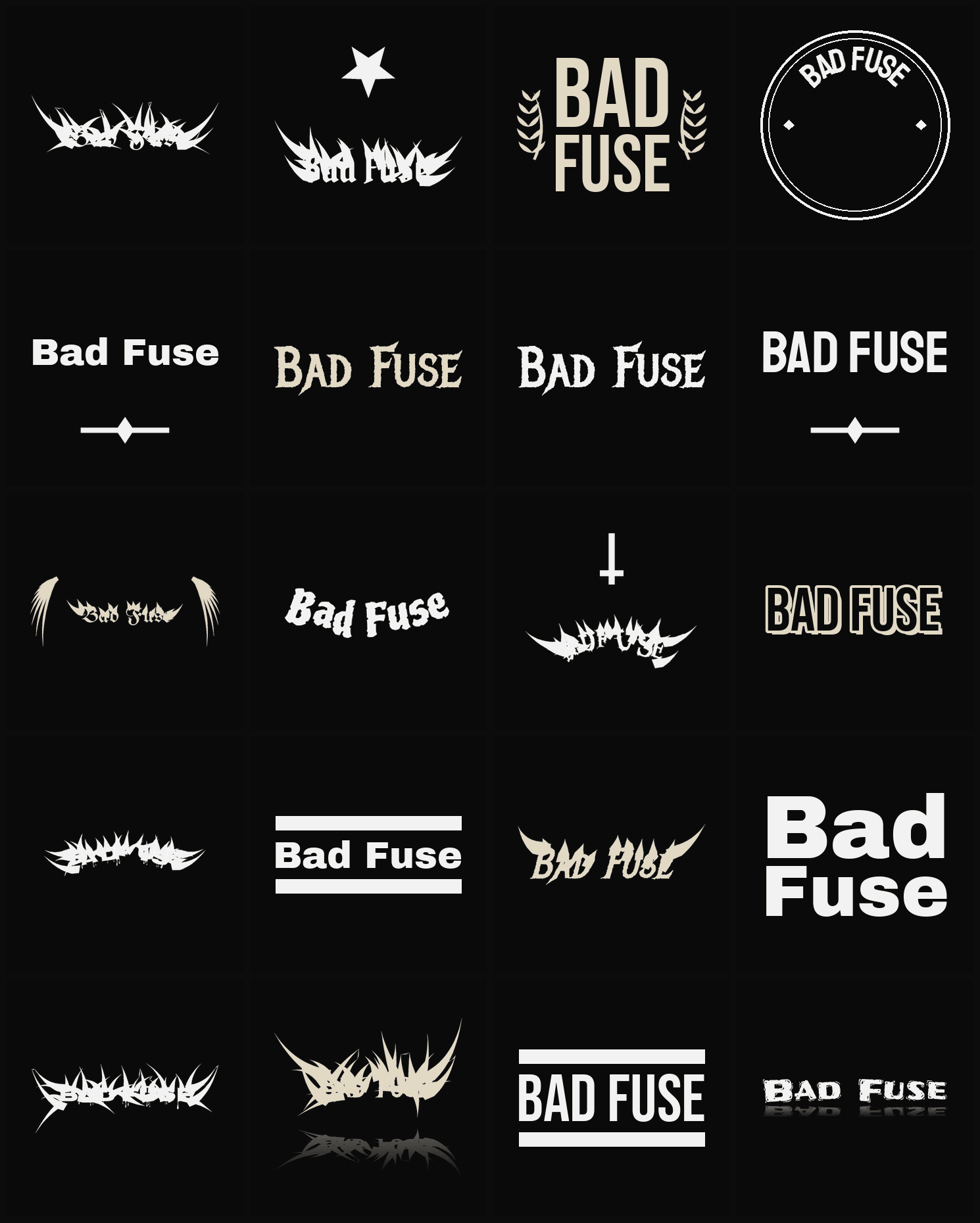 Twenty Bad Fuse band logo ideas — different faces, treatments and spike settings