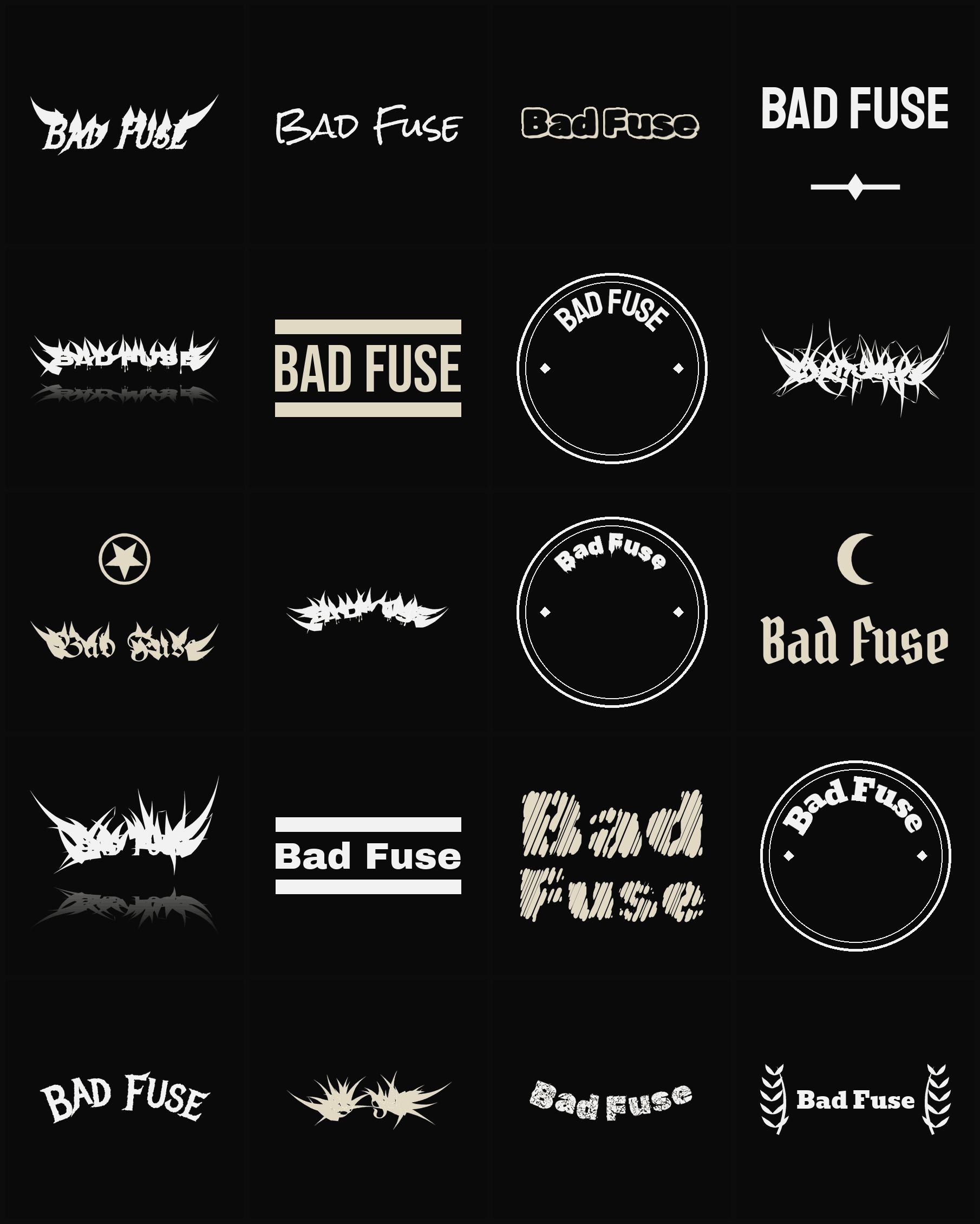 Twenty Bad Fuse band logo ideas — different faces, treatments and spike settings