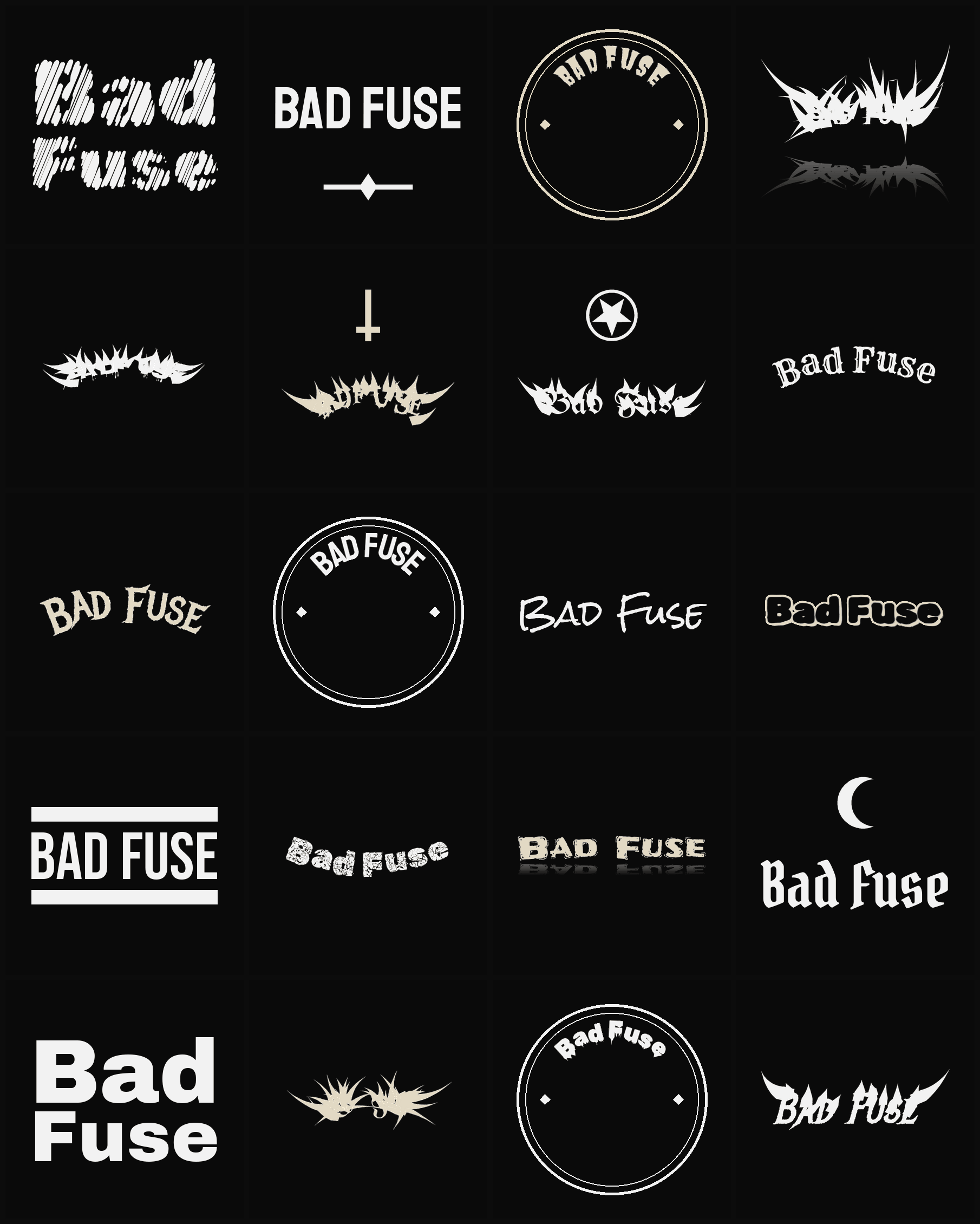 Twenty Bad Fuse band logo ideas — different faces, treatments and spike settings