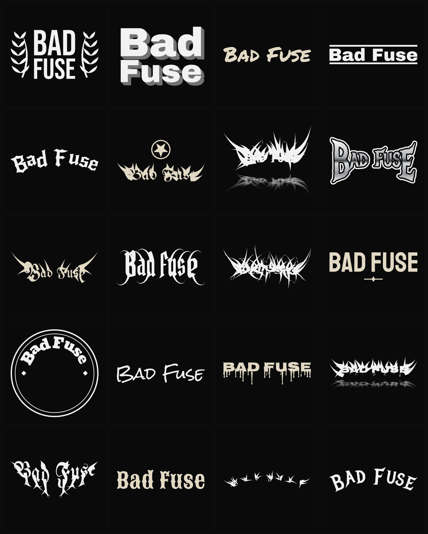 Twenty Bad Fuse band logo ideas — different faces, treatments and spike settings