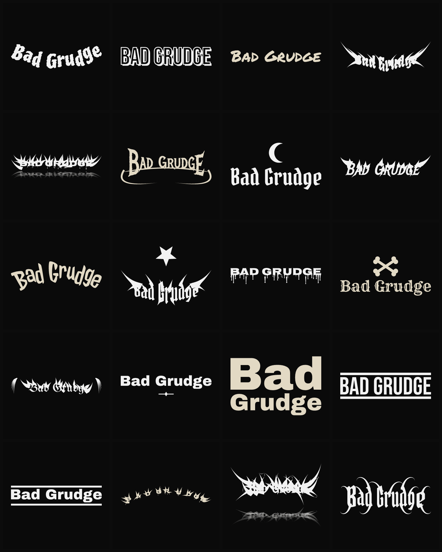Twenty Bad Grudge band logo ideas — different faces, treatments and spike settings