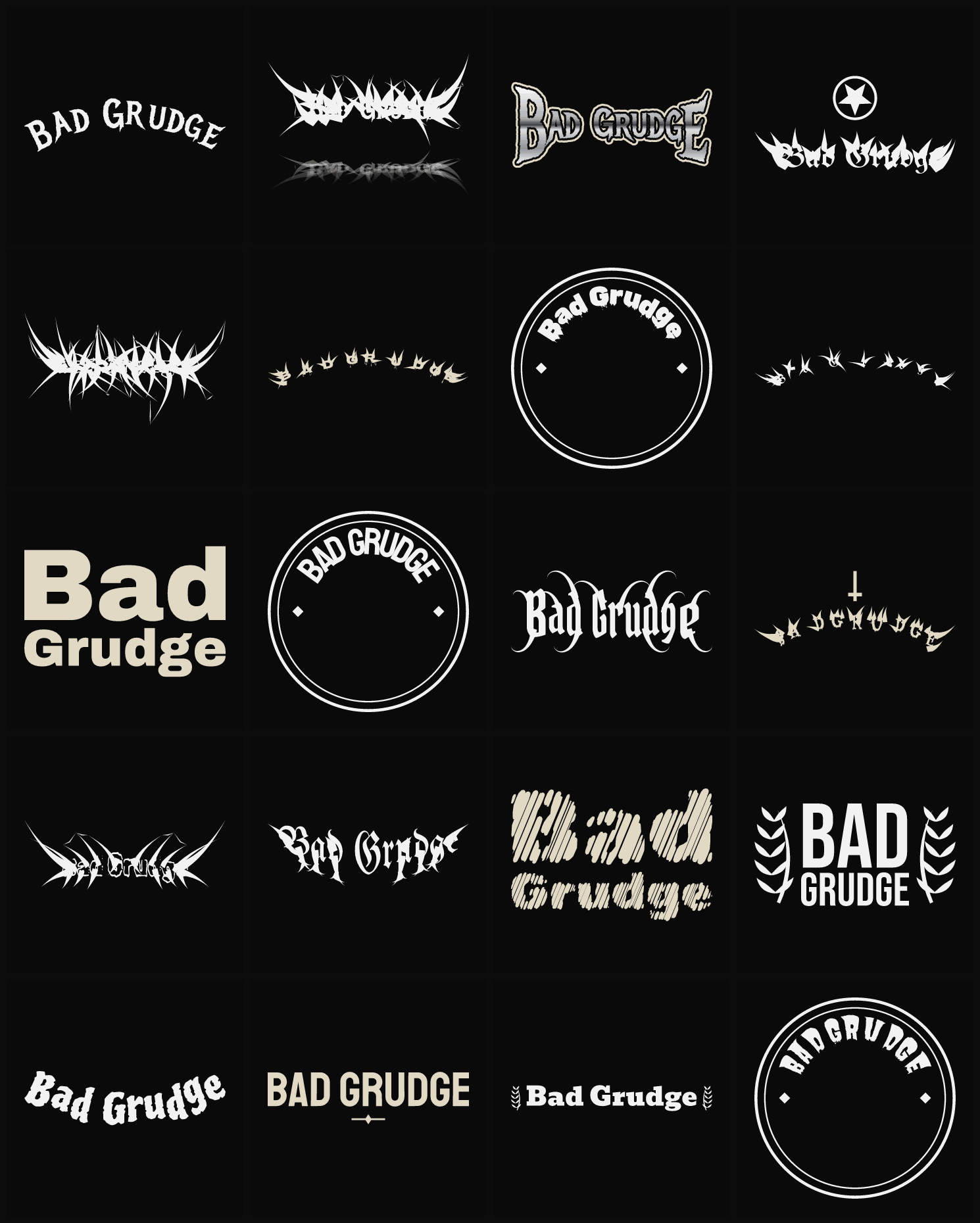 Twenty Bad Grudge band logo ideas — different faces, treatments and spike settings