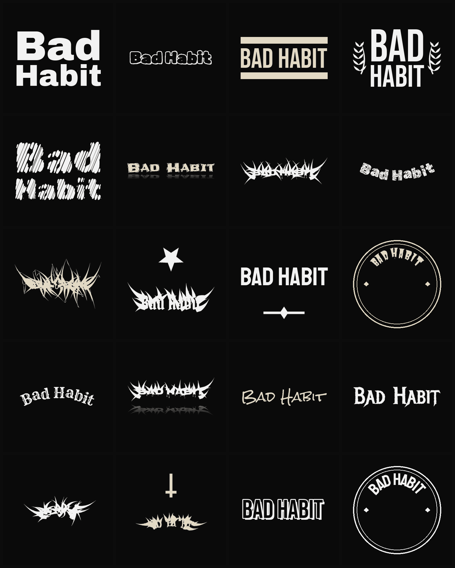 Twenty Bad Habit band logo ideas — different faces, treatments and spike settings
