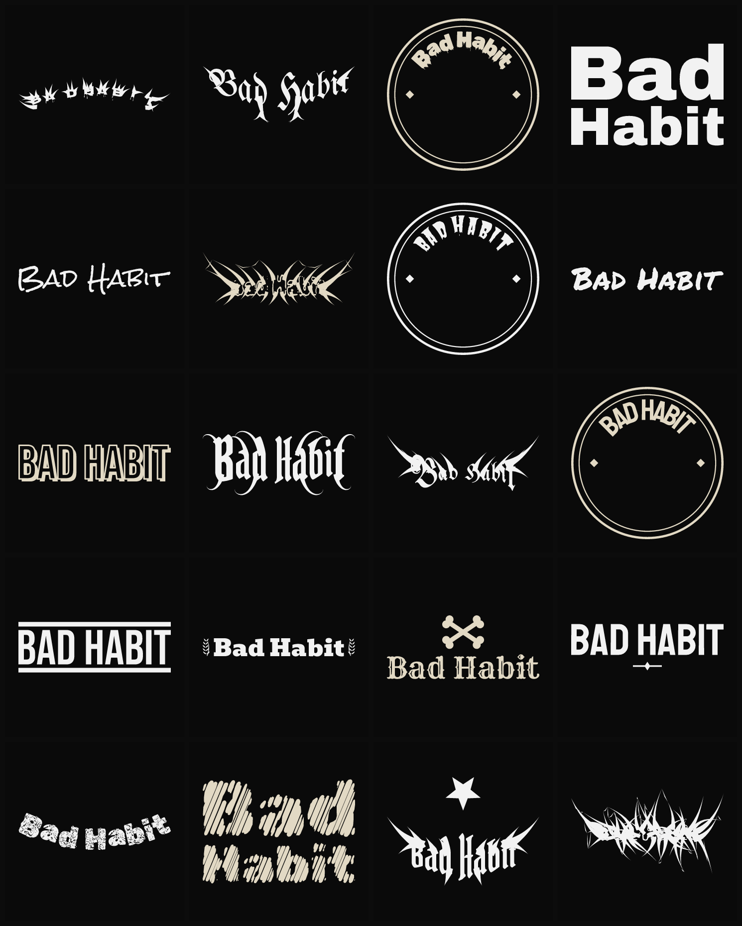 Twenty Bad Habit band logo ideas — different faces, treatments and spike settings