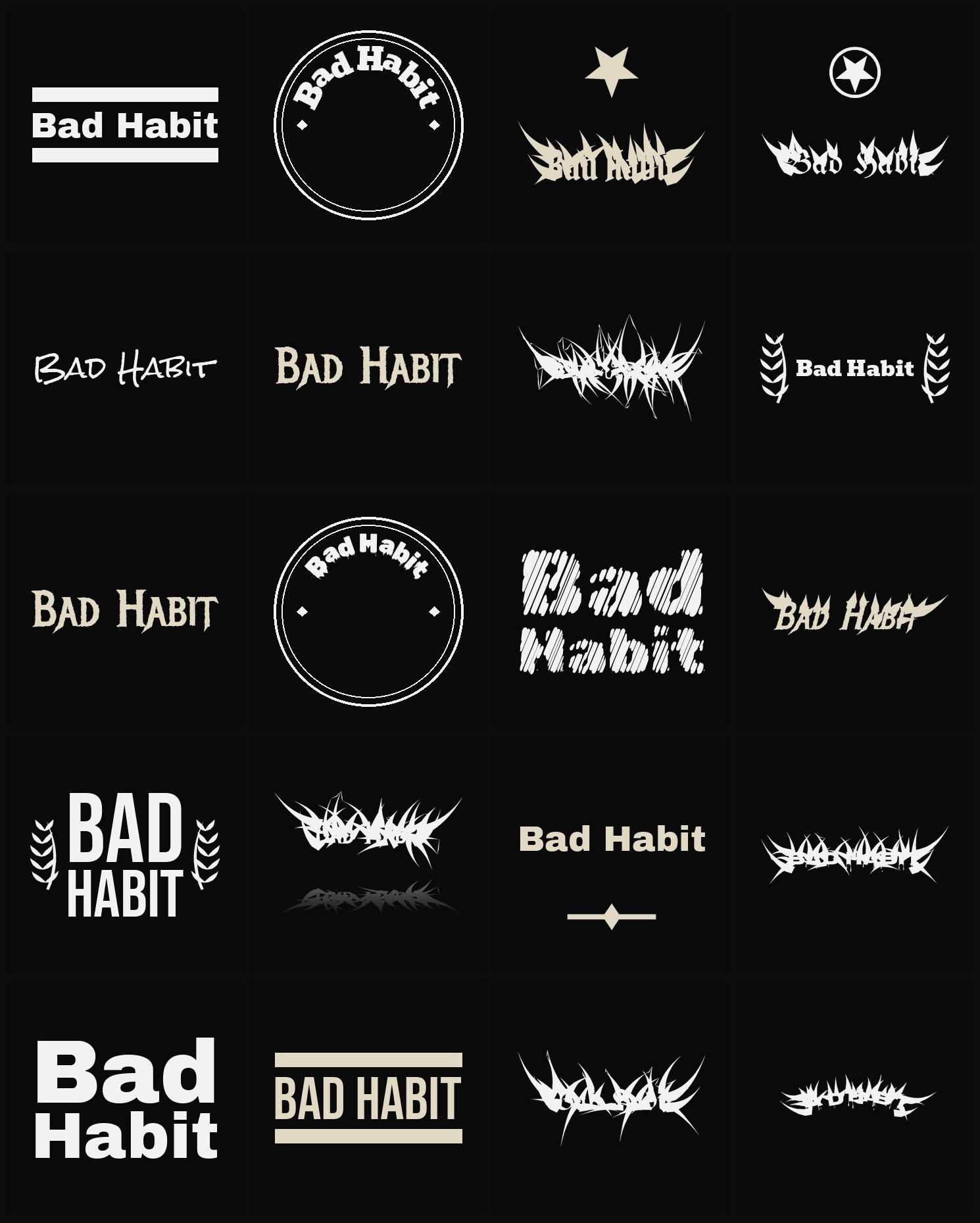 Twenty Bad Habit band logo ideas — different faces, treatments and spike settings