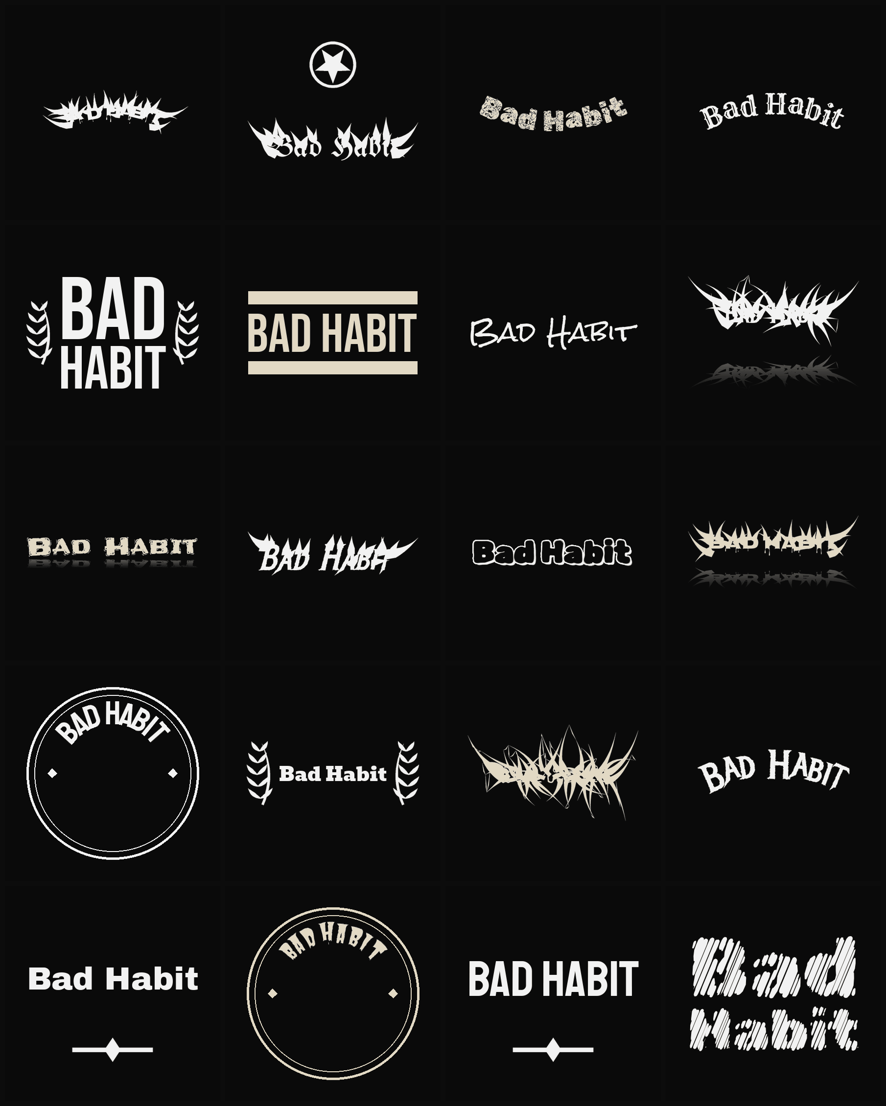 Twenty Bad Habit band logo ideas — different faces, treatments and spike settings