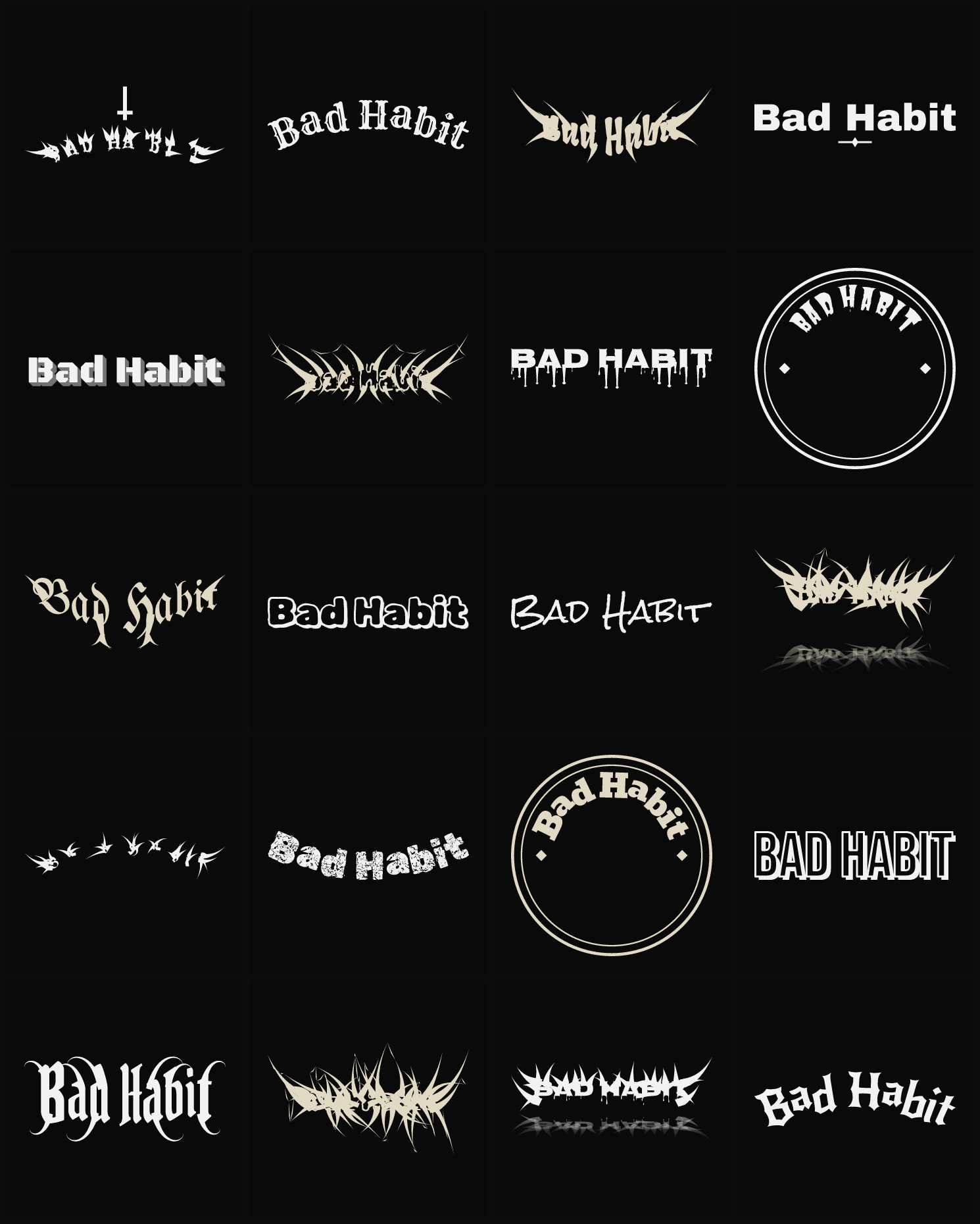 Twenty Bad Habit band logo ideas — different faces, treatments and spike settings