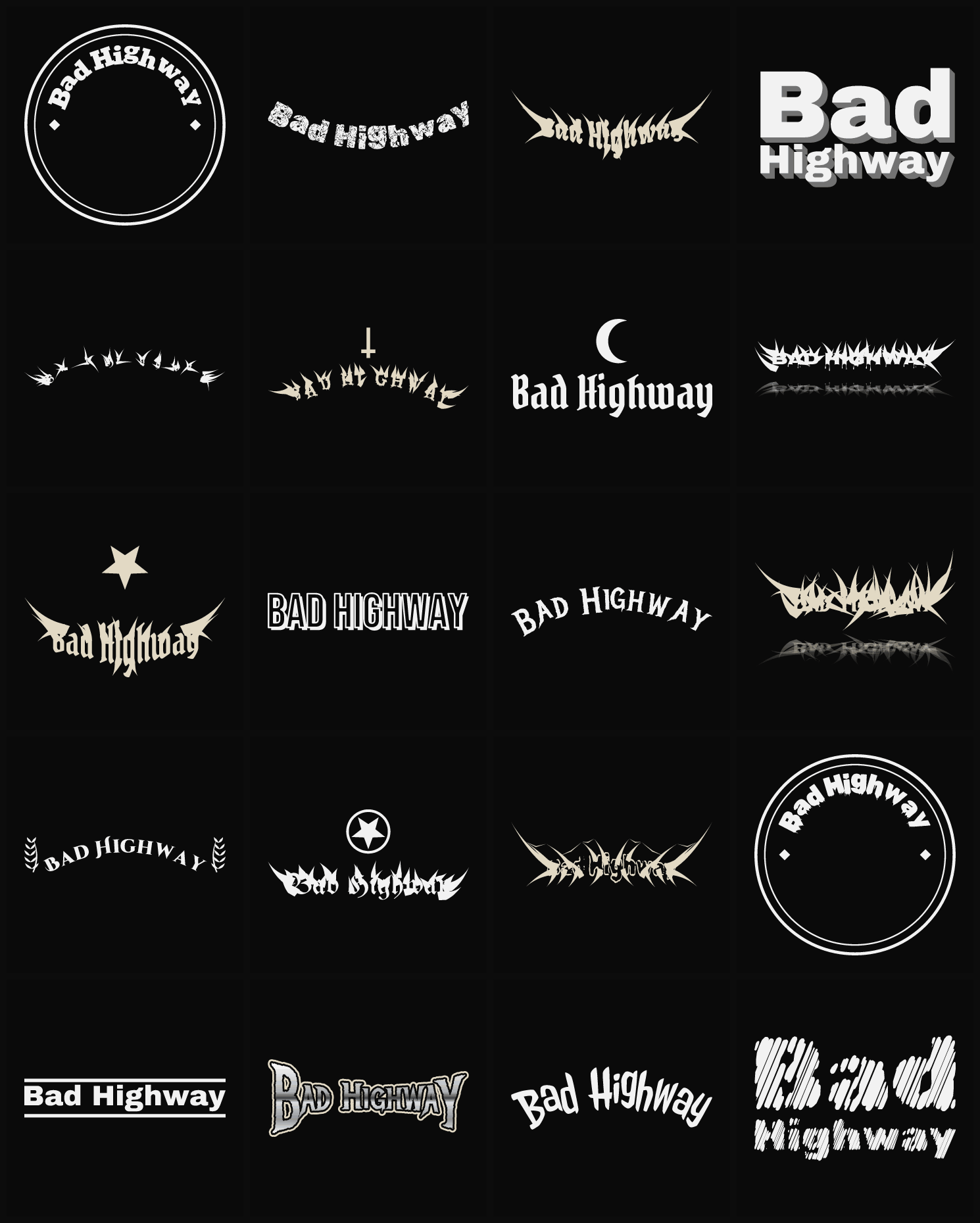 Twenty Bad Highway band logo ideas — different faces, treatments and spike settings