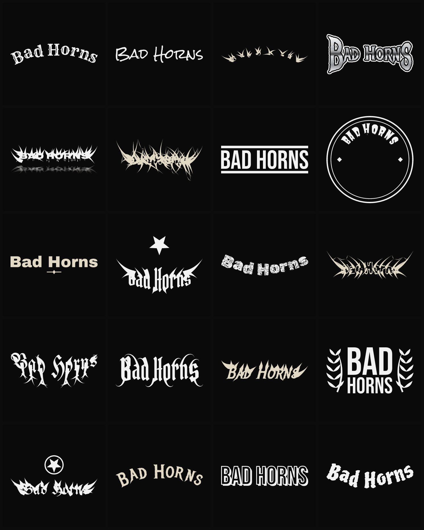Twenty Bad Horns band logo ideas — different faces, treatments and spike settings