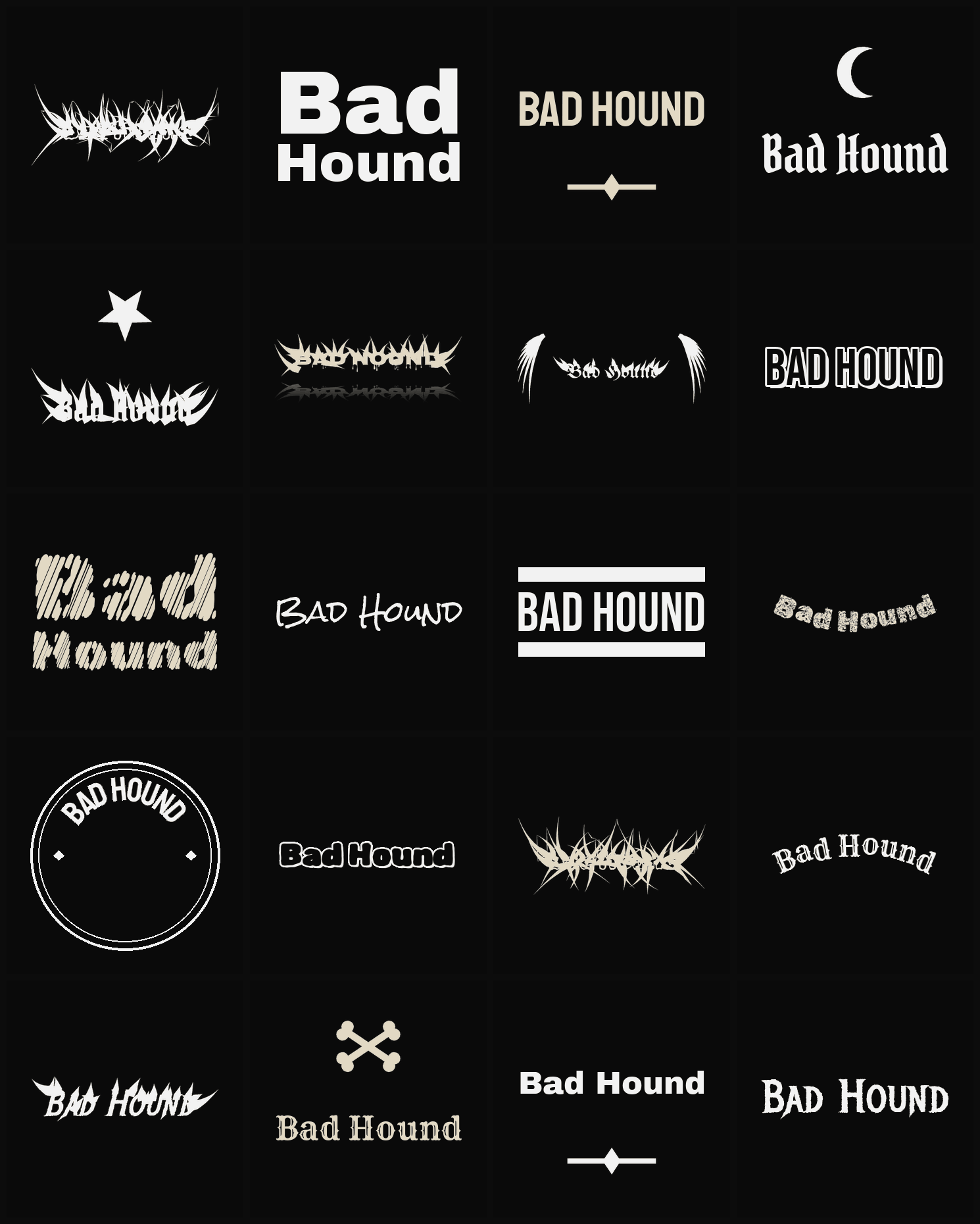 Twenty Bad Hound band logo ideas — different faces, treatments and spike settings