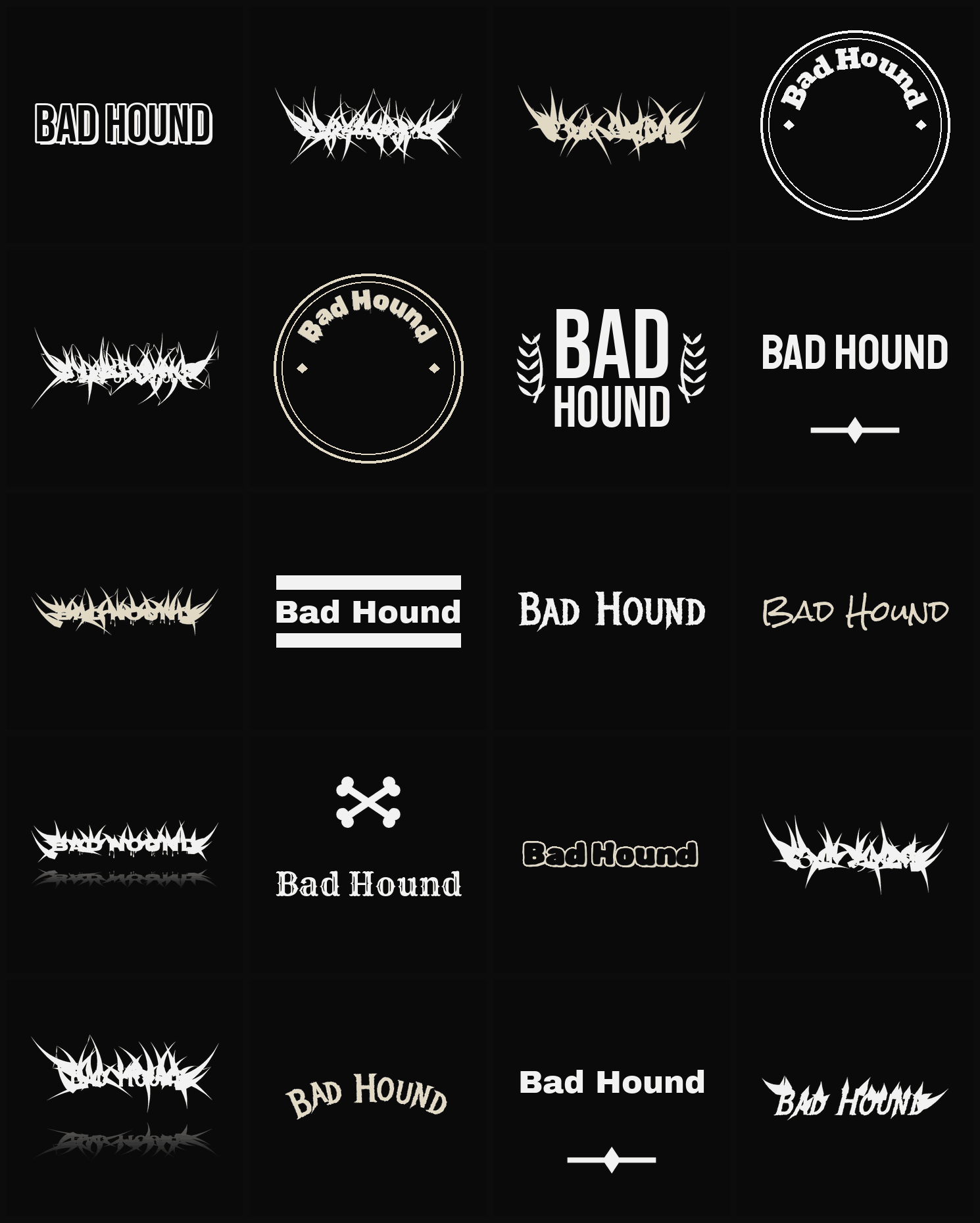 Twenty Bad Hound band logo ideas — different faces, treatments and spike settings