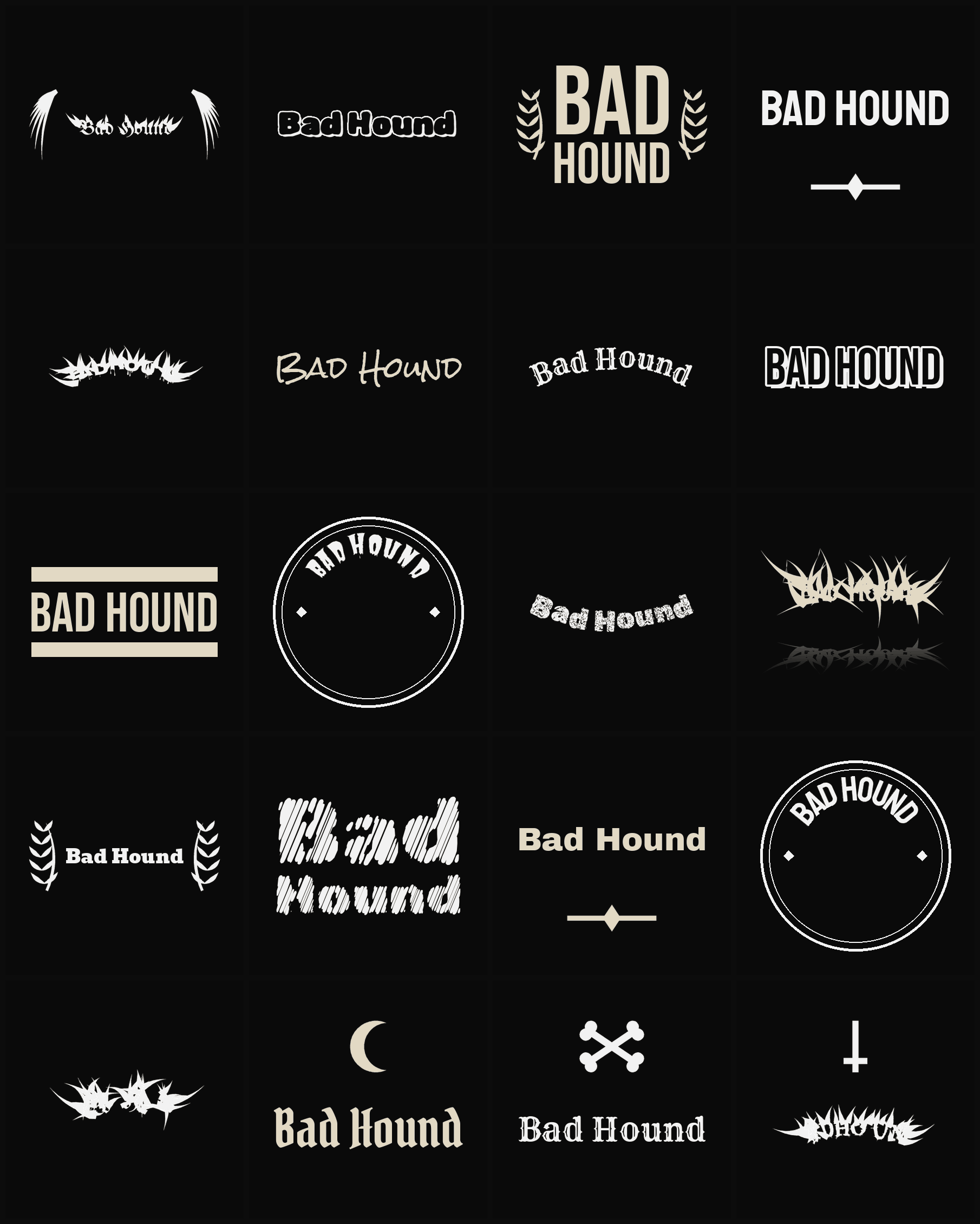 Twenty Bad Hound band logo ideas — different faces, treatments and spike settings