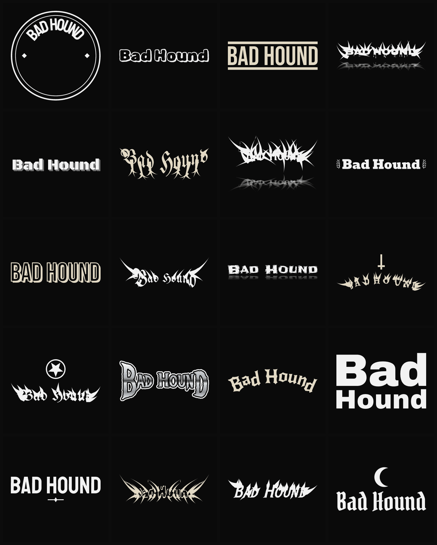 Twenty Bad Hound band logo ideas — different faces, treatments and spike settings