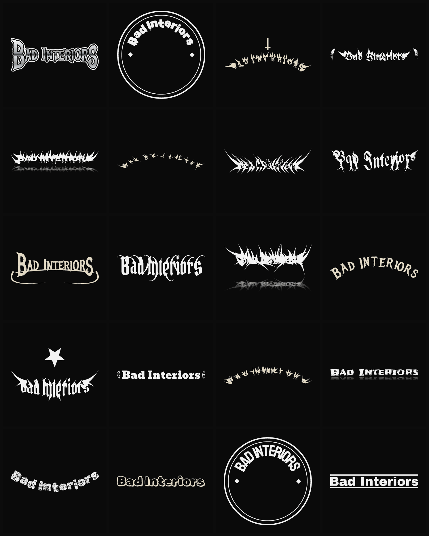 Twenty Bad Interiors band logo ideas — different faces, treatments and spike settings