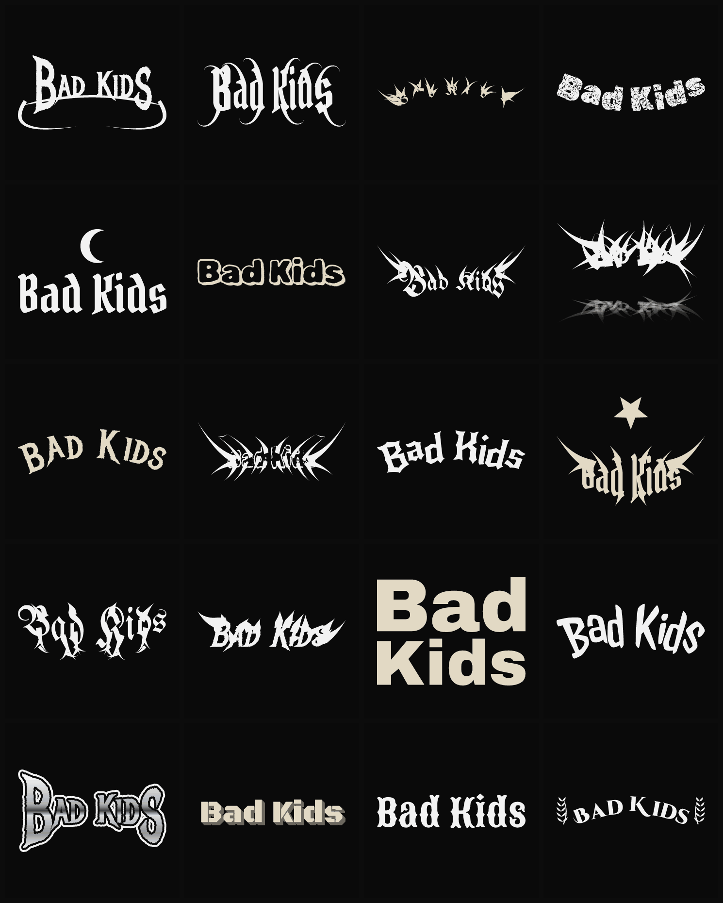 Twenty Bad Kids band logo ideas — different faces, treatments and spike settings