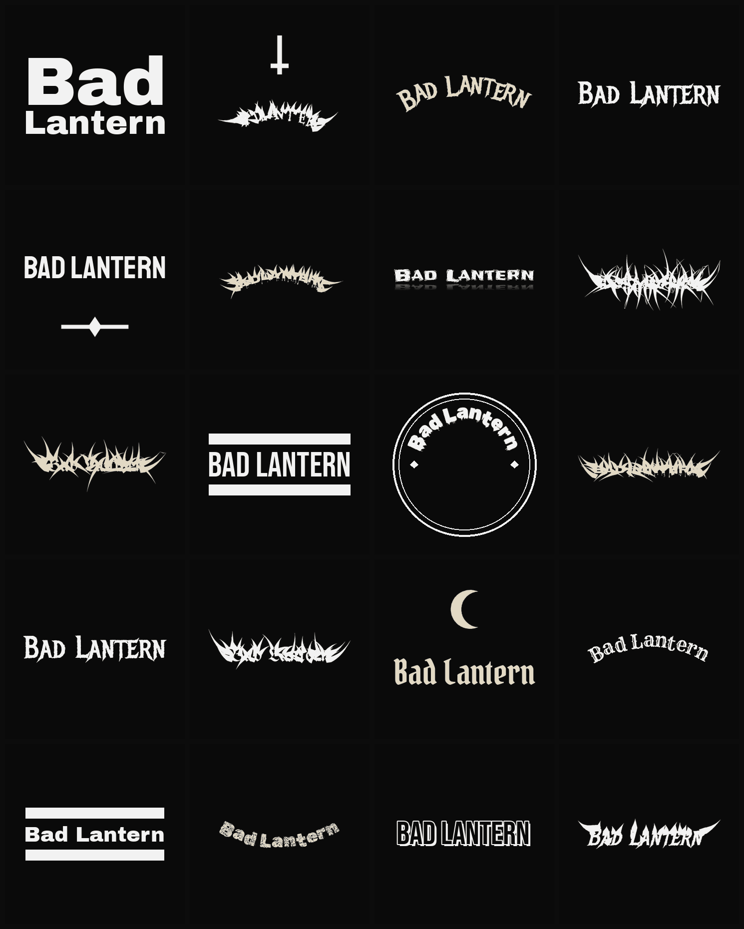Twenty Bad Lantern band logo ideas — different faces, treatments and spike settings