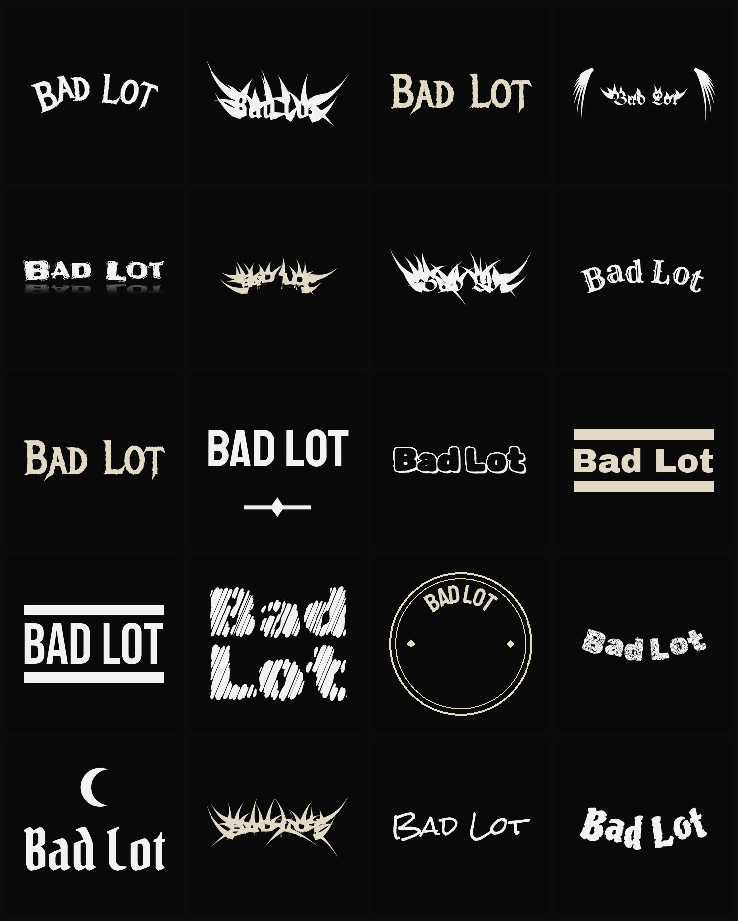 Twenty Bad Lot band logo ideas — different faces, treatments and spike settings